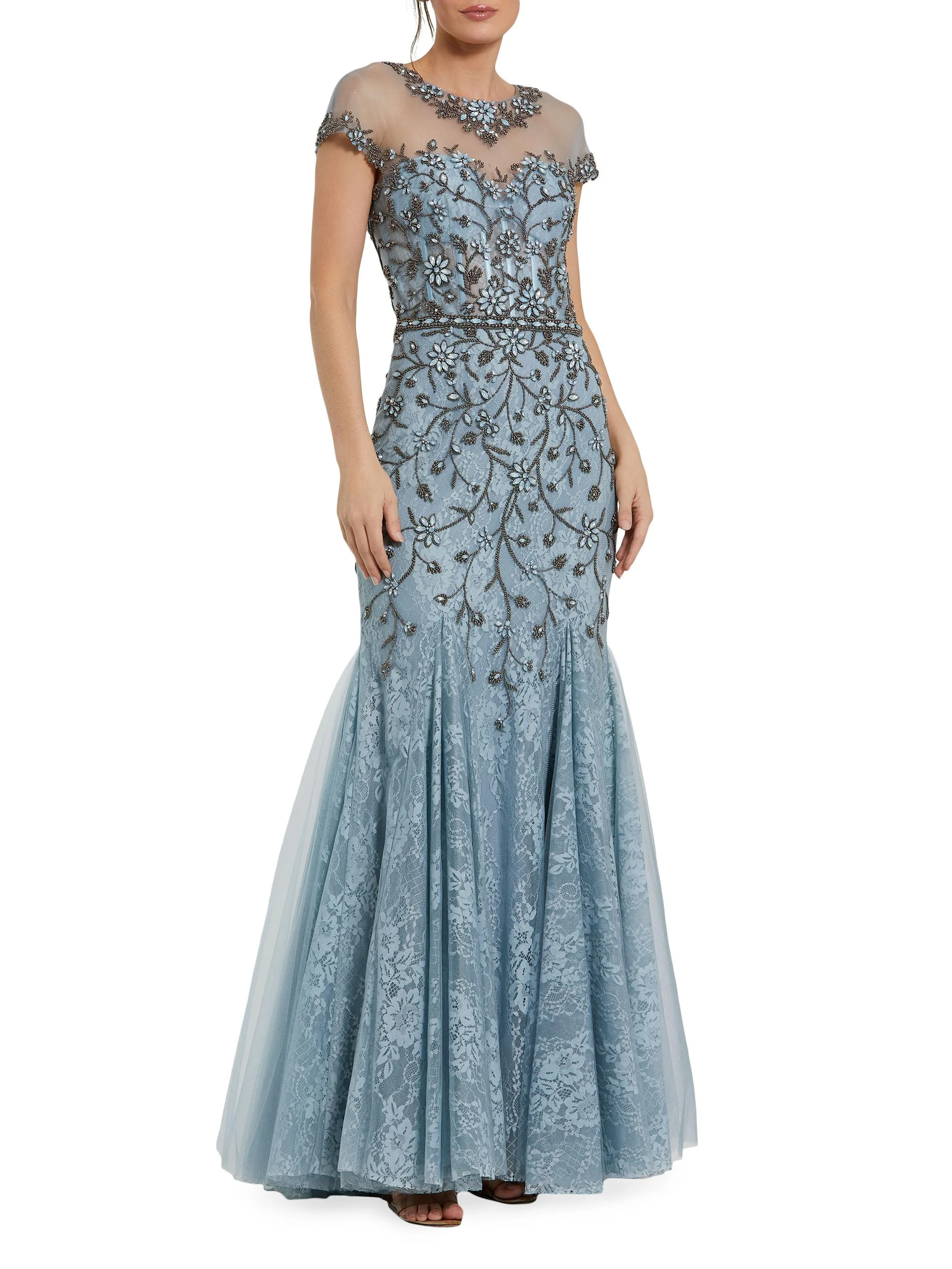 Women's Crystal Lace Illusion Mermaid Gown - Slate Blue - 1