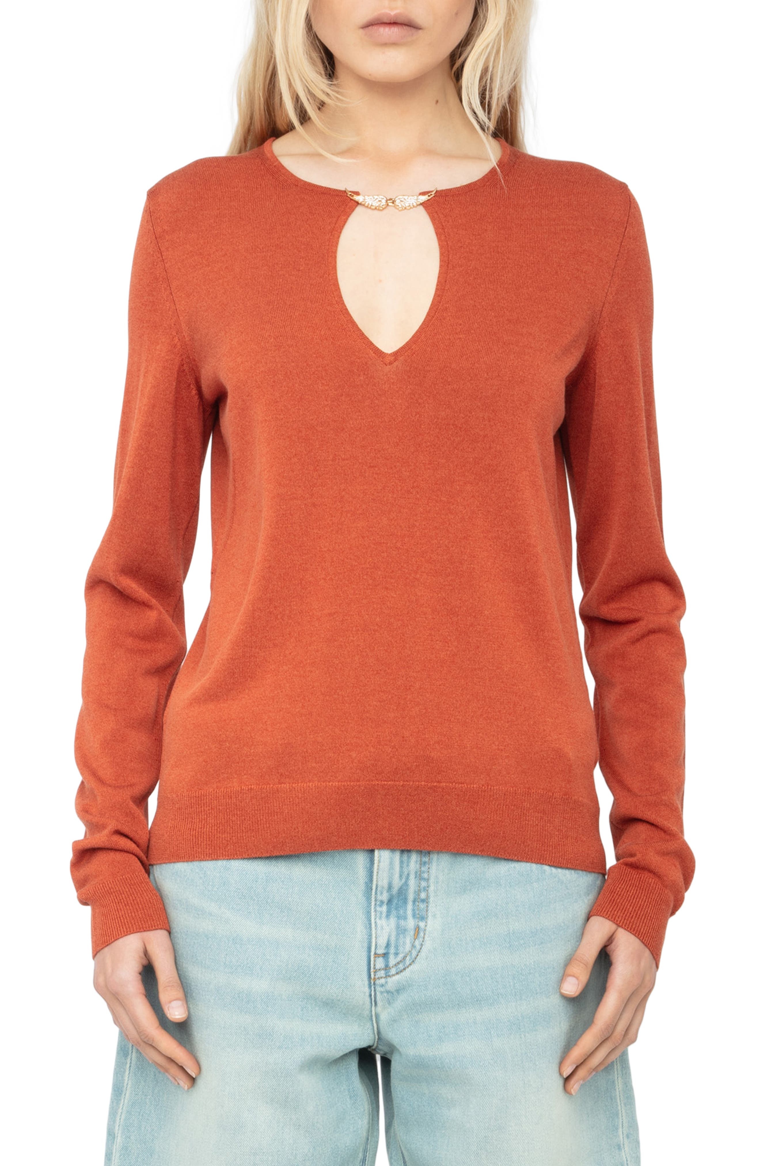 Zadig & Voltaire Sayan Crystal Detail Keyhole Neck Sweater in Sienna at Nordstrom - 1