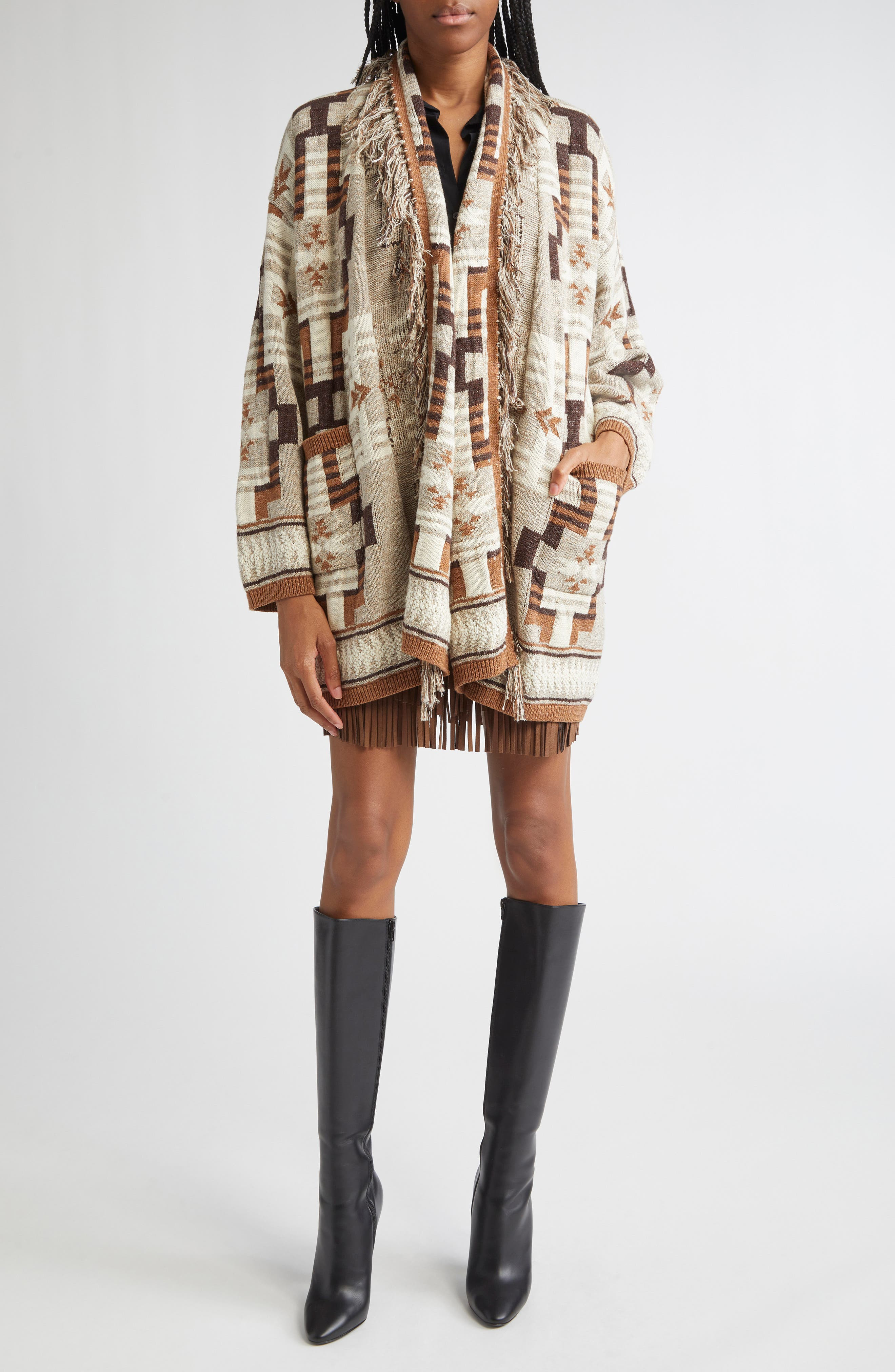 L'AGENCE Jair Geo Pattern Fringe Cardigan in Natural Multi at Nordstrom - 2