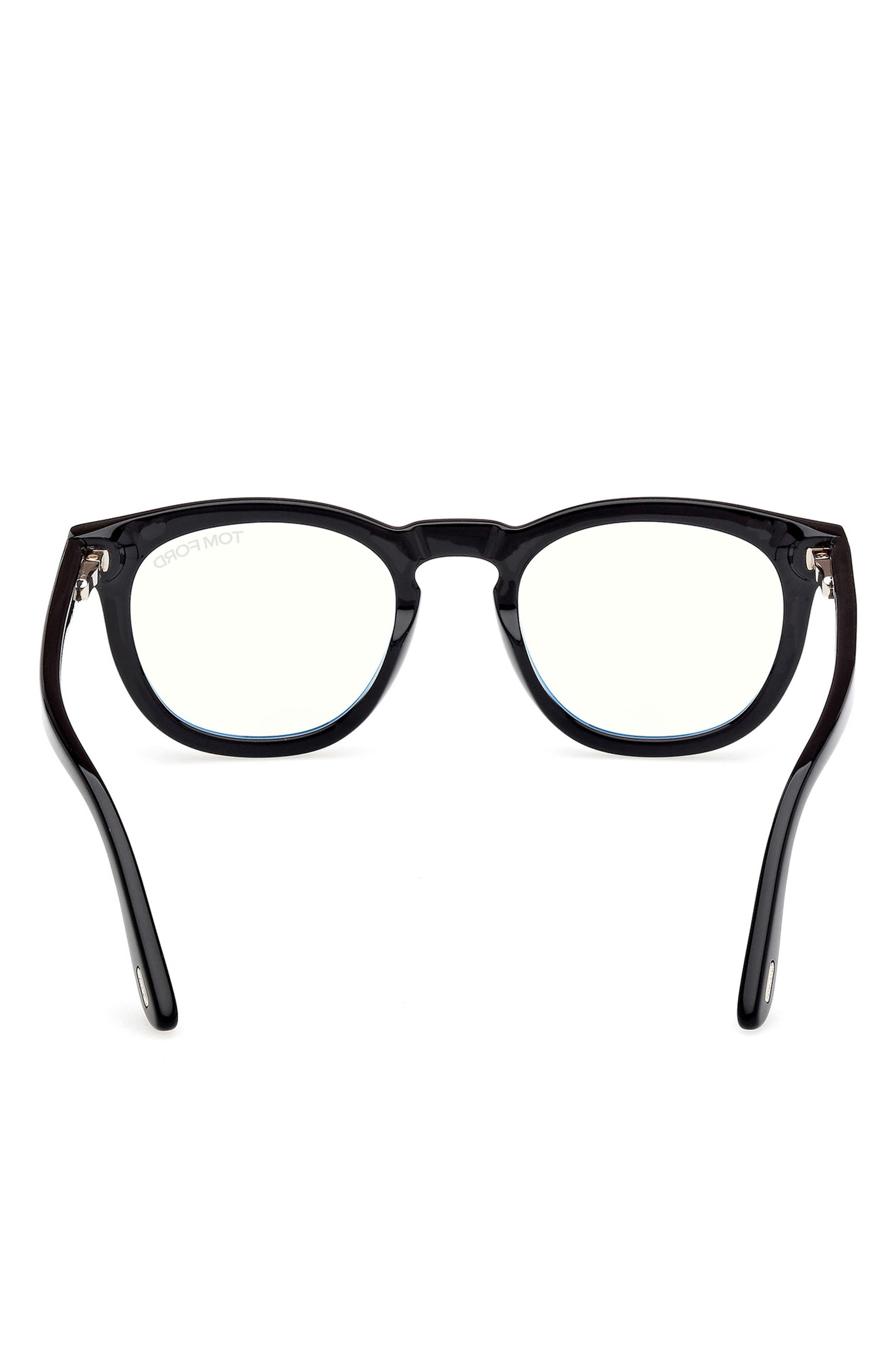 TOM FORD 50mm Small Round Blue Light Blocking Glasses in Black/Gold Eco /T Logo at Nordstrom - 3