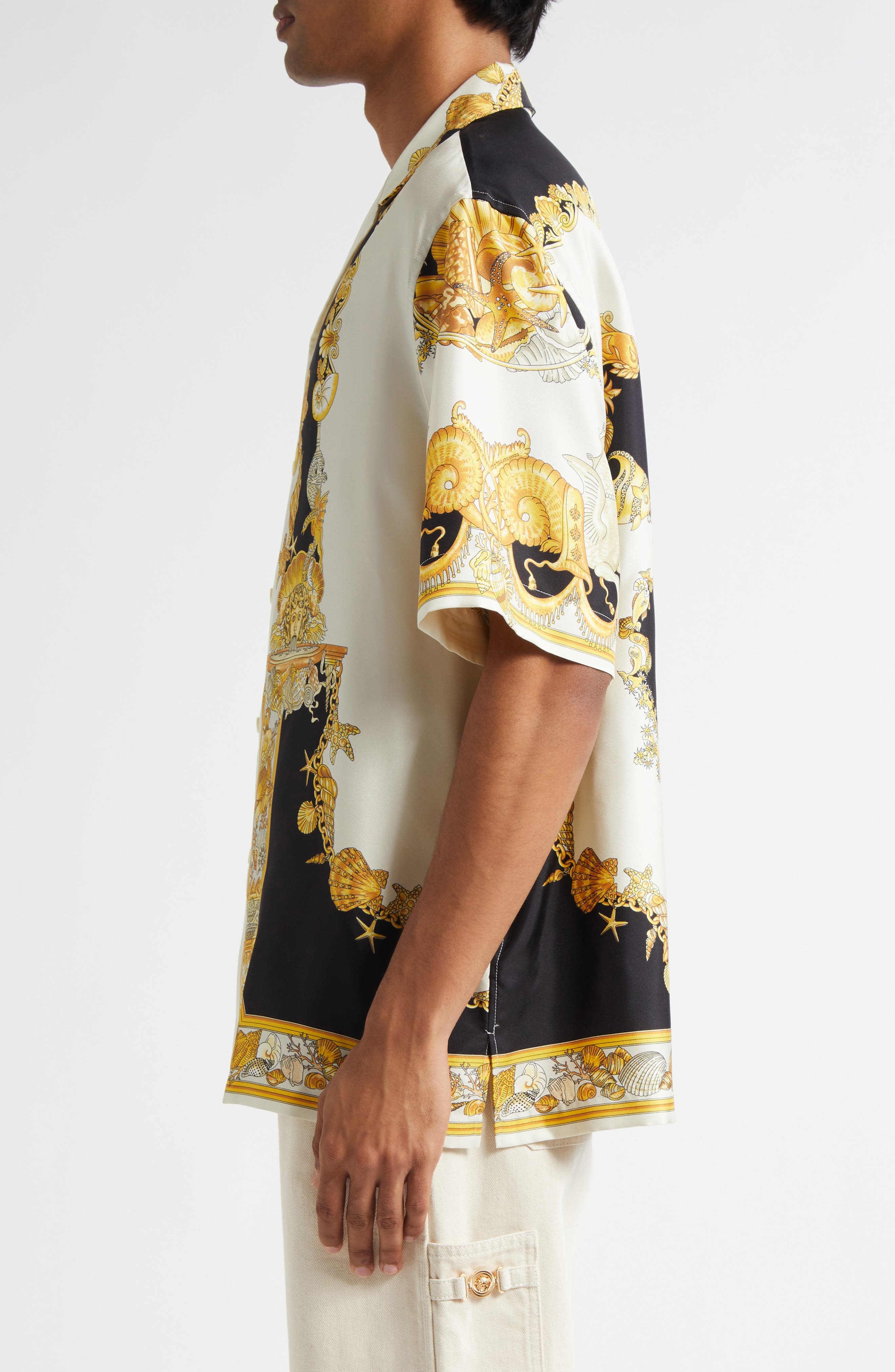 Versace Coral Theater Silk Twill Camp Shirt in Ivory Black Gold at Nordstrom - 4