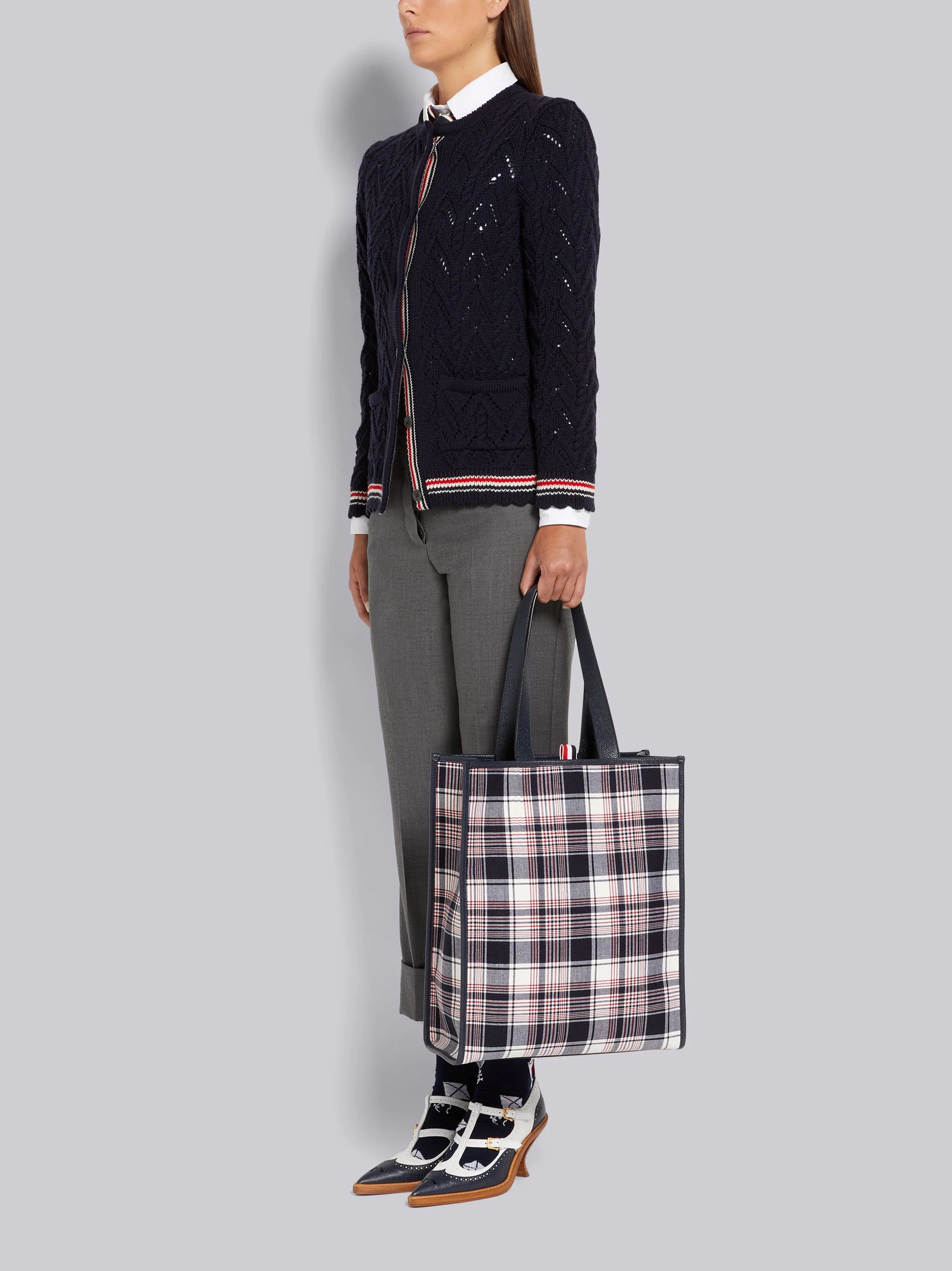 Multicolor Hairline Madras Check Suiting Webbing Stripe Vertical Tote - 6
