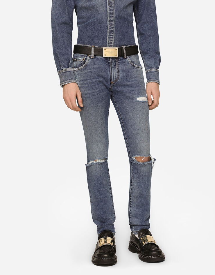 Light blue skinny stretch jeans with rips - 4