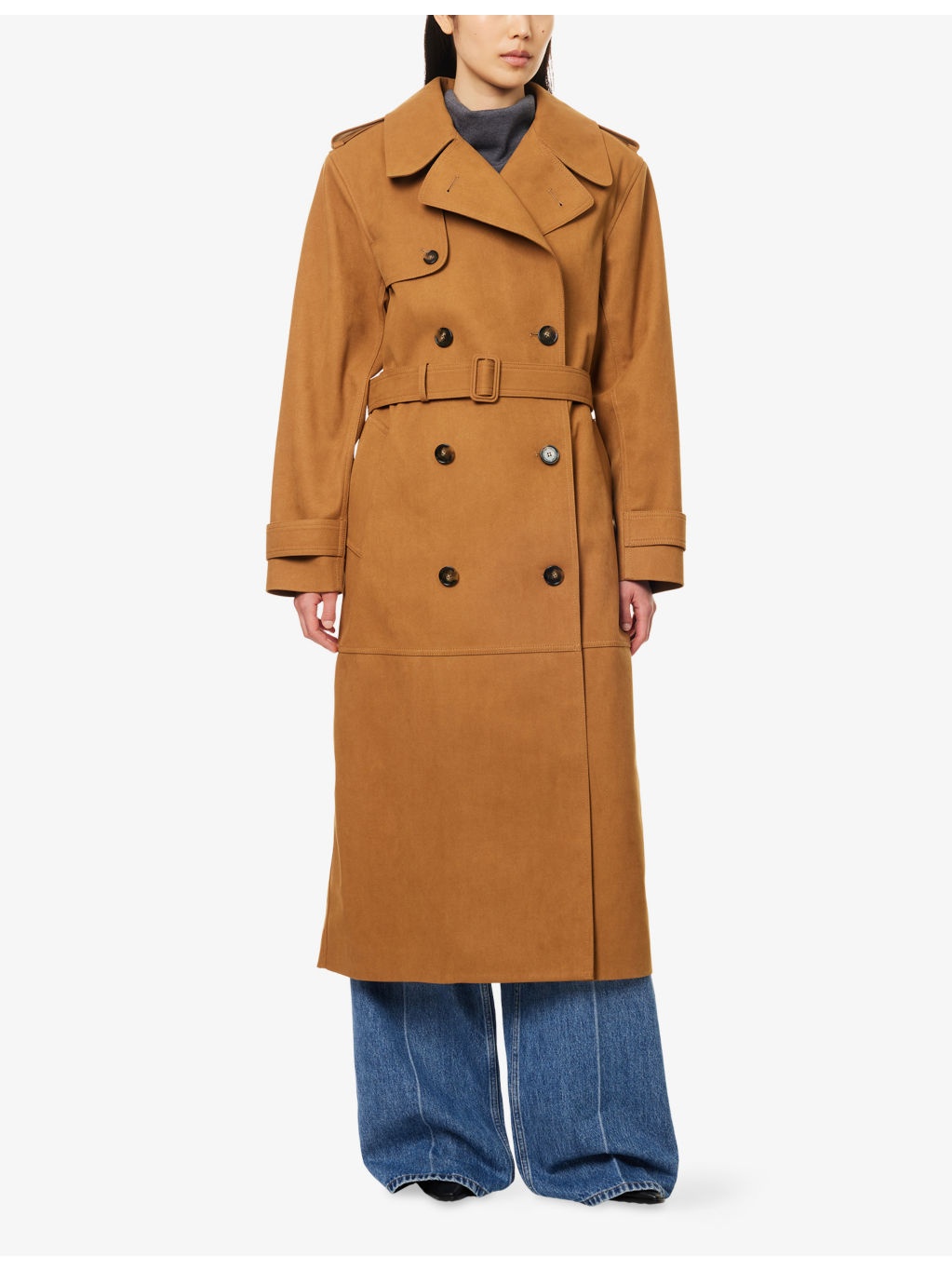 Double-Breasted Belted Suede Trench Coat - 3