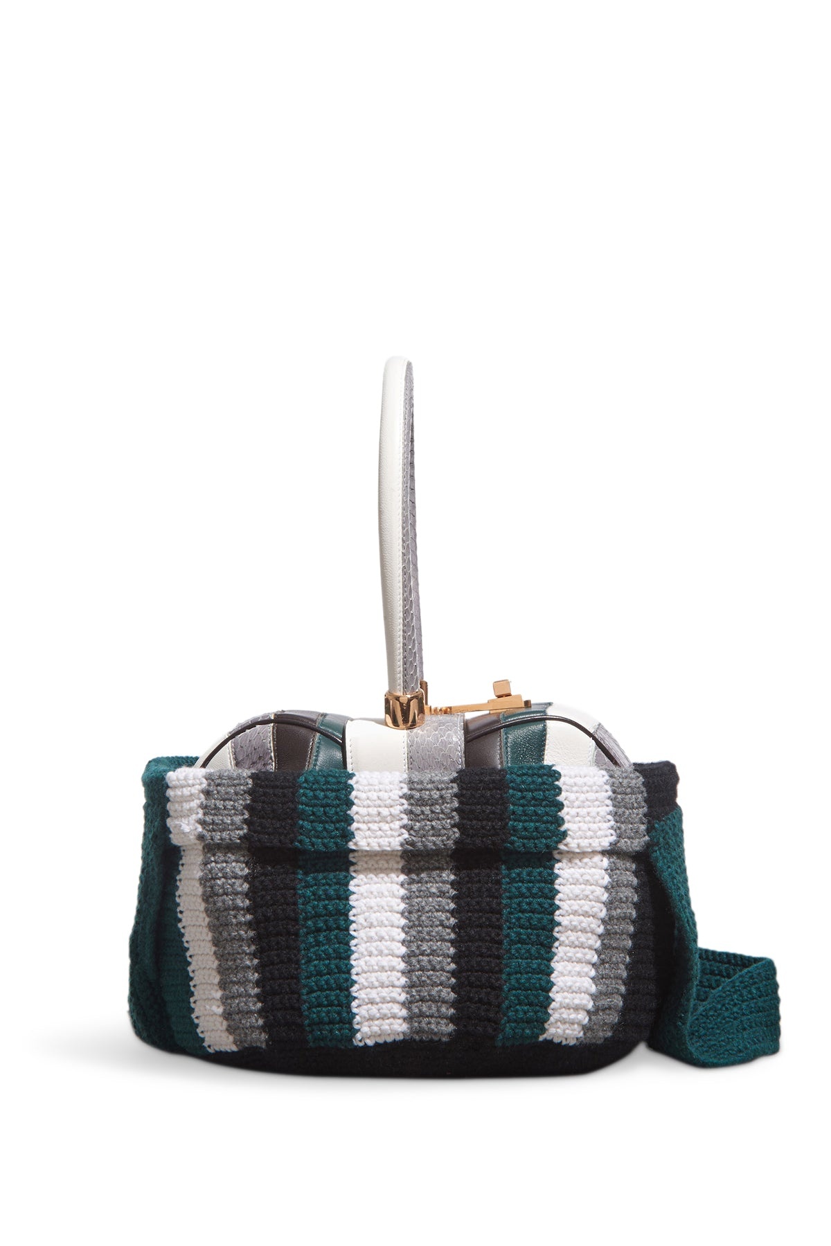 Crossover Knit Bag in Green, Ivory & Grey Cashmere - 2