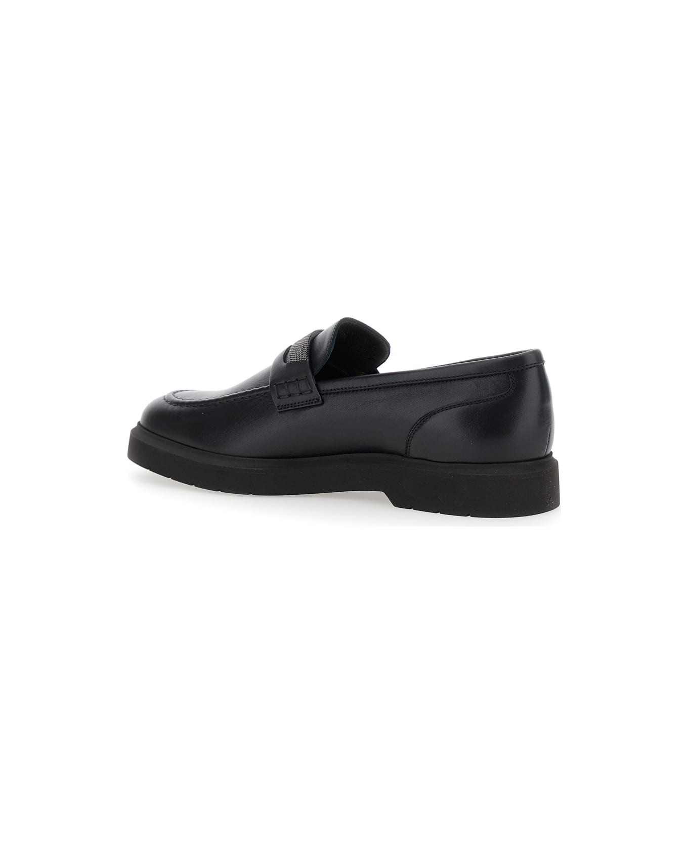 Black Loafers With Monil Detail On The Front In Smooth Leather Woman - 3