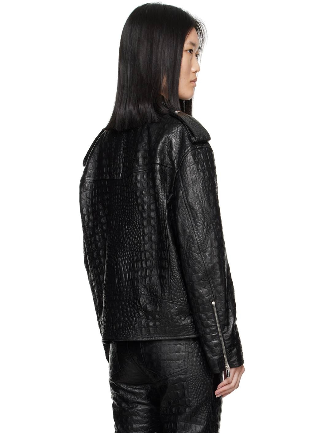 Black Crocodile-Effect Leather Jacket - 3