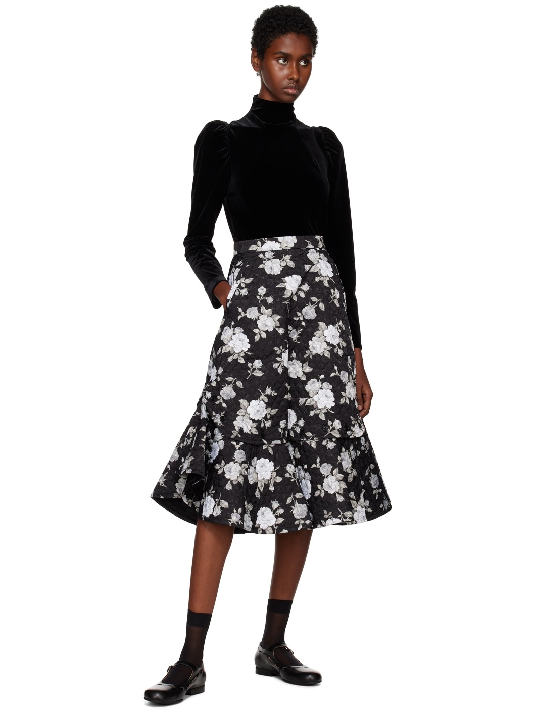 Black Quilted Midi Skirt - 4