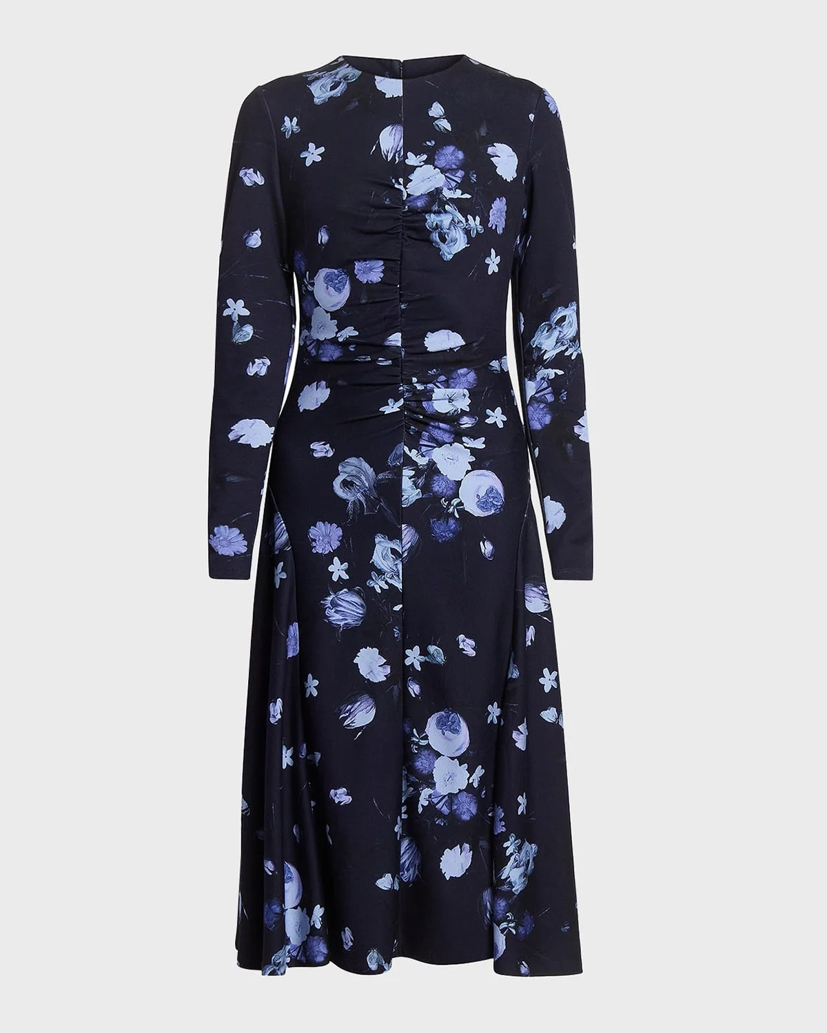Floral Gathered Long-Sleeve Midi Dress - 1