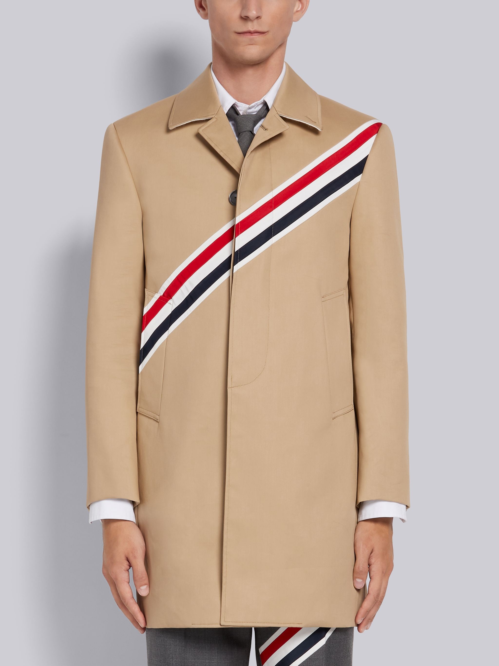 Khaki Cotton Twill Diagonal Stripe Classic Mac Bal Collar Overcoat - 1