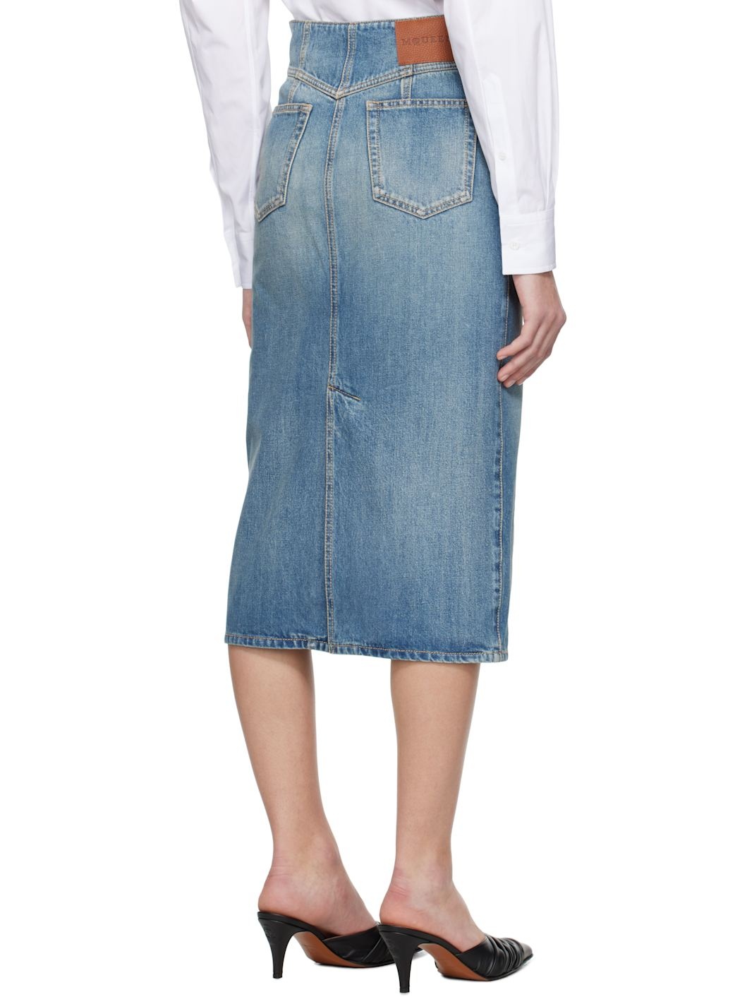 Blue Fold Over Waist Denim Midi Skirt - 3