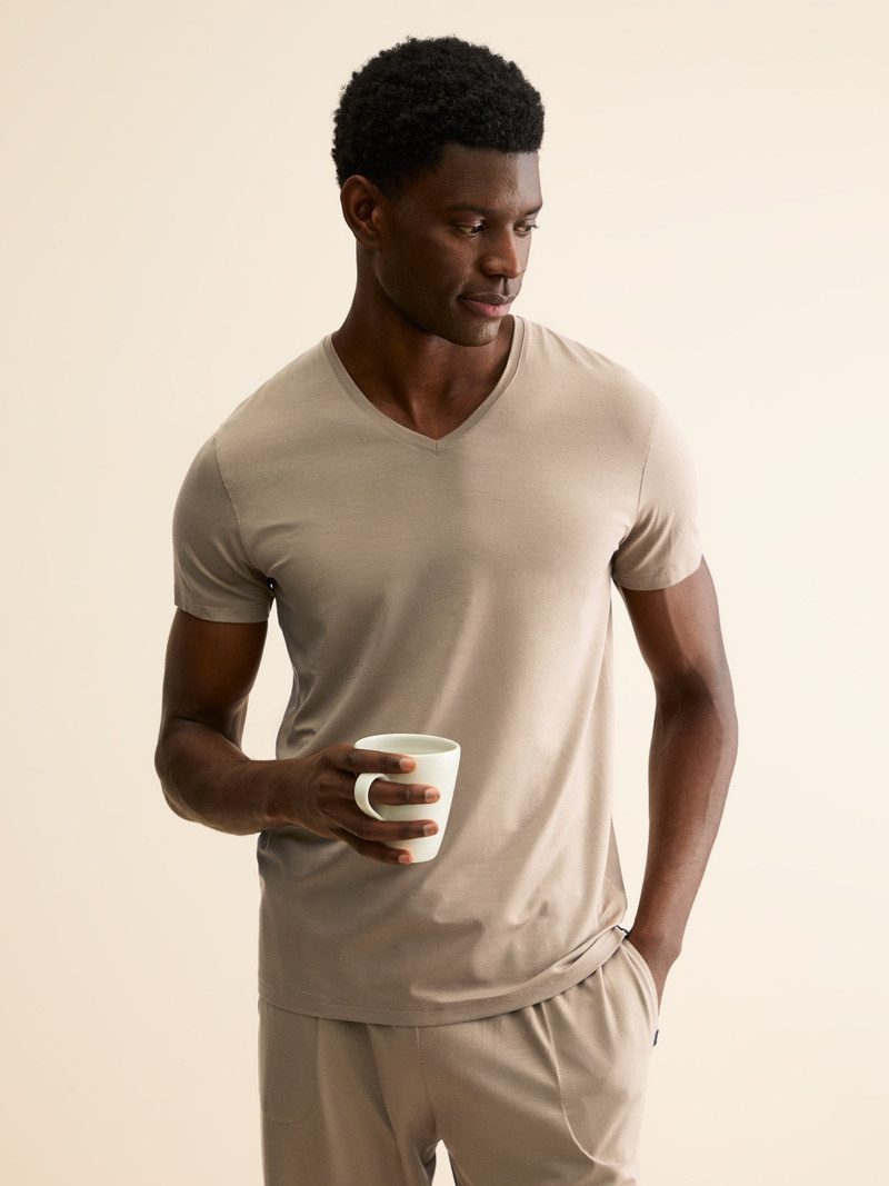 Derek Rose Men's V-Neck T-Shirt Basel Micro Modal Stretch Taupe outlook