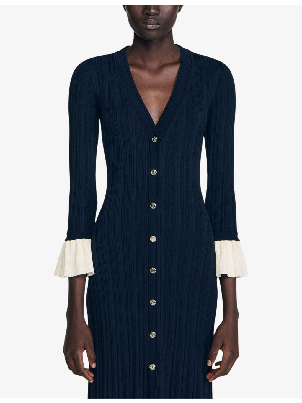V-neck contrast-cuff knitted midi dress - 3
