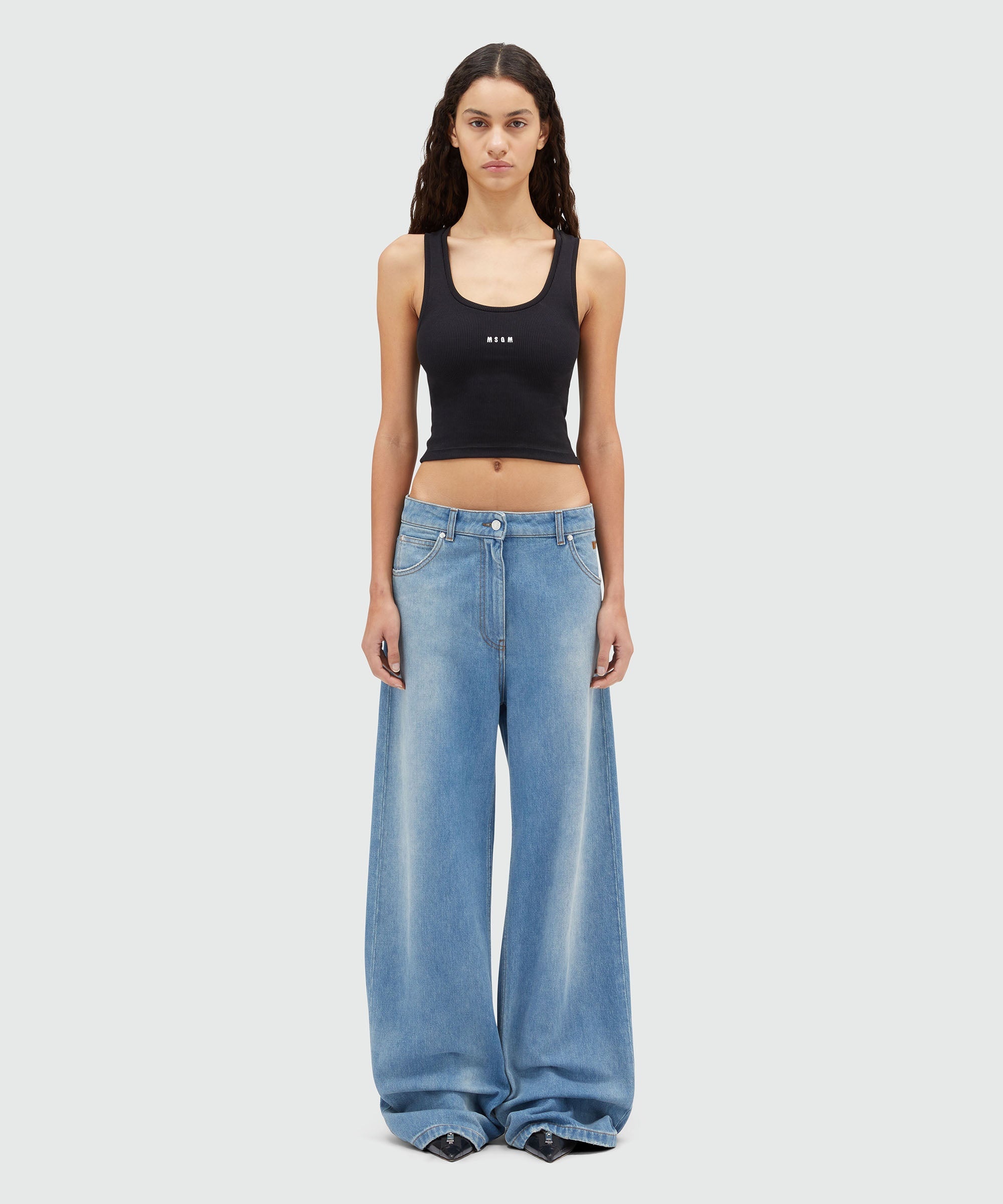 Pre-washed wide leg denim pants - 2