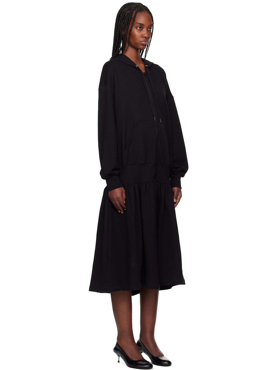 OPEN YY Black Jersey Shirring Hoodie Midi Dress | REVERSIBLE