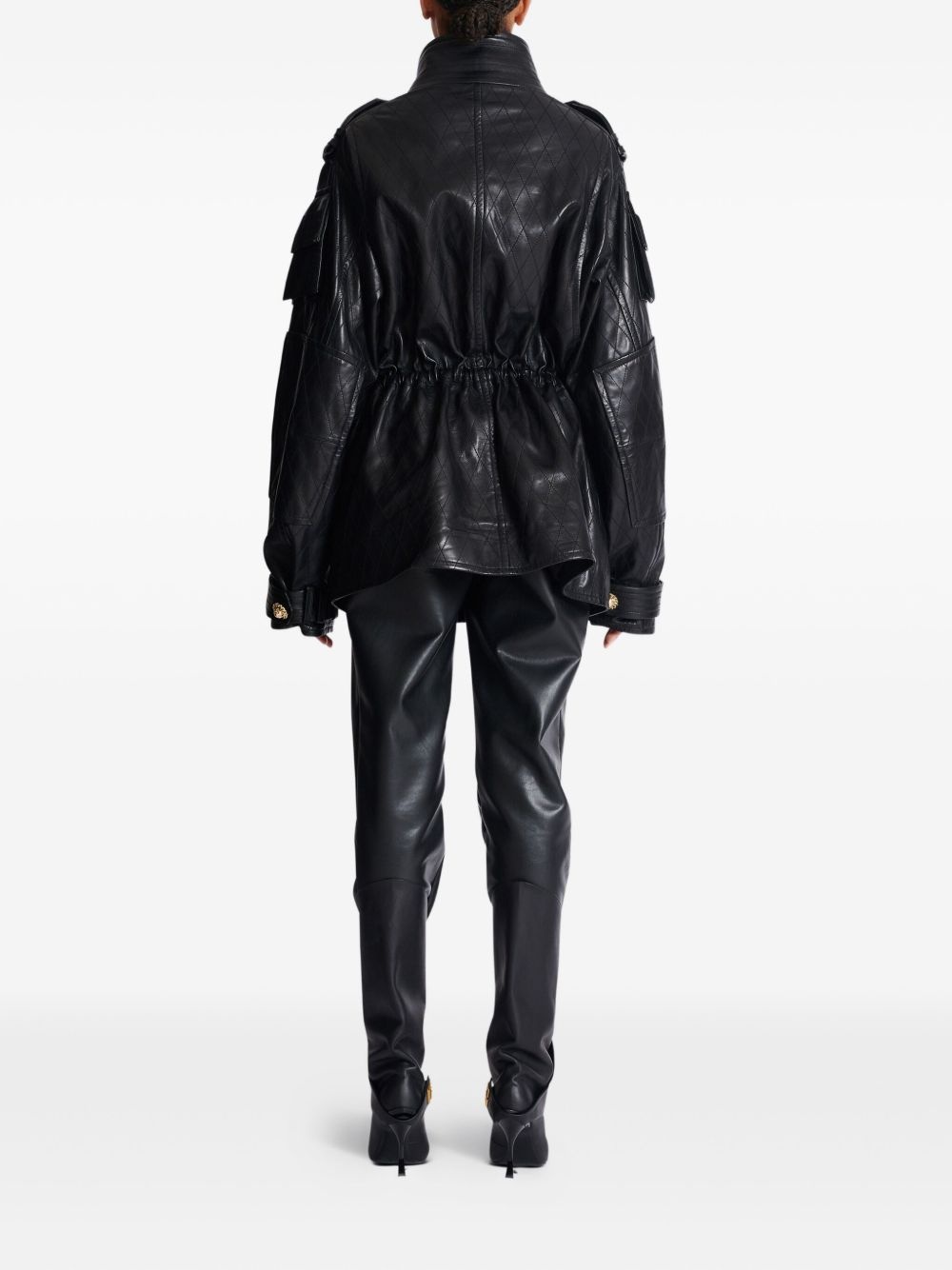 diamond-stitched leather parka coat - 4