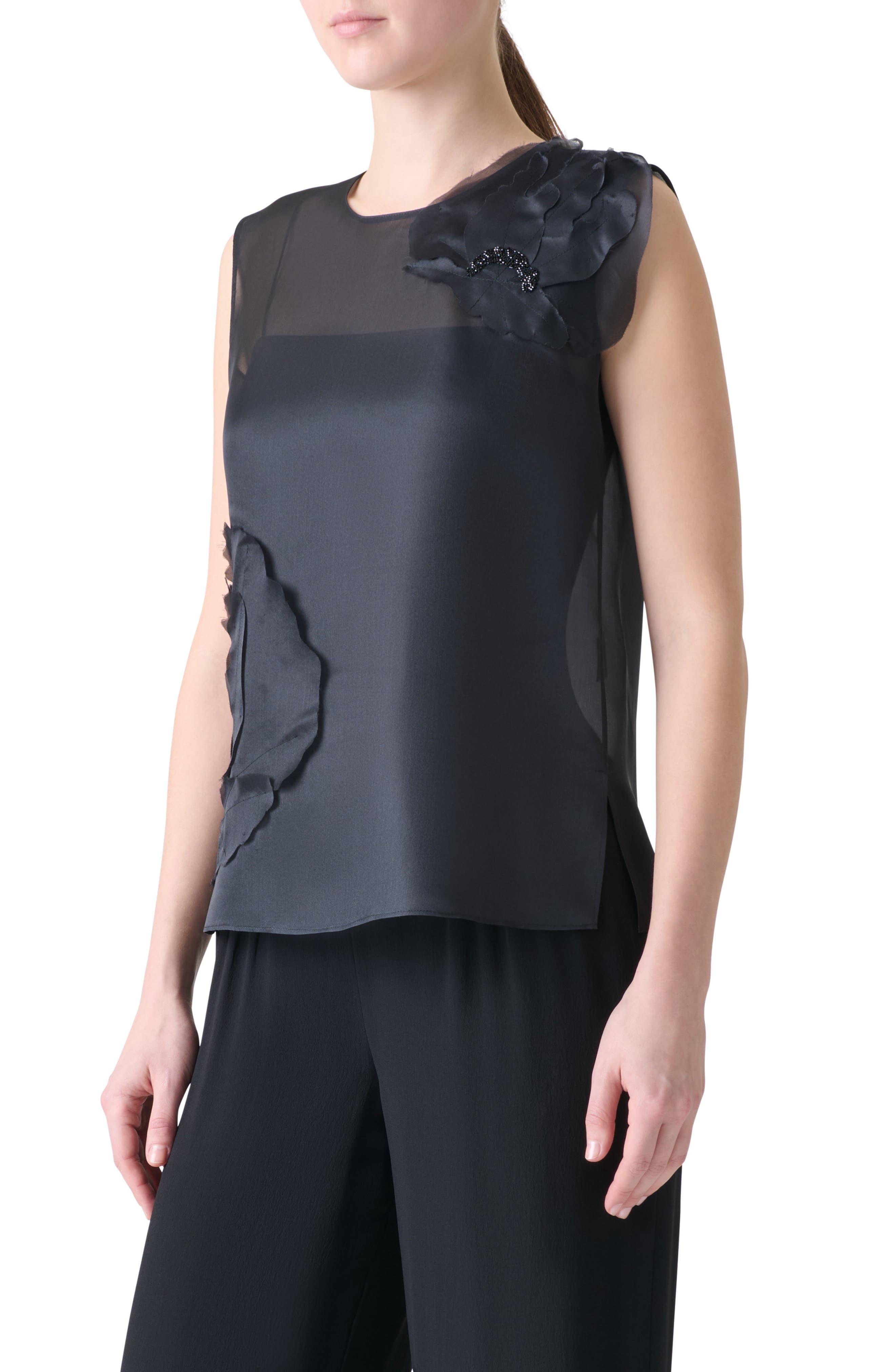 Akris 3D Poppy Appliqué Silk Organza Top in Black at Nordstrom - 3