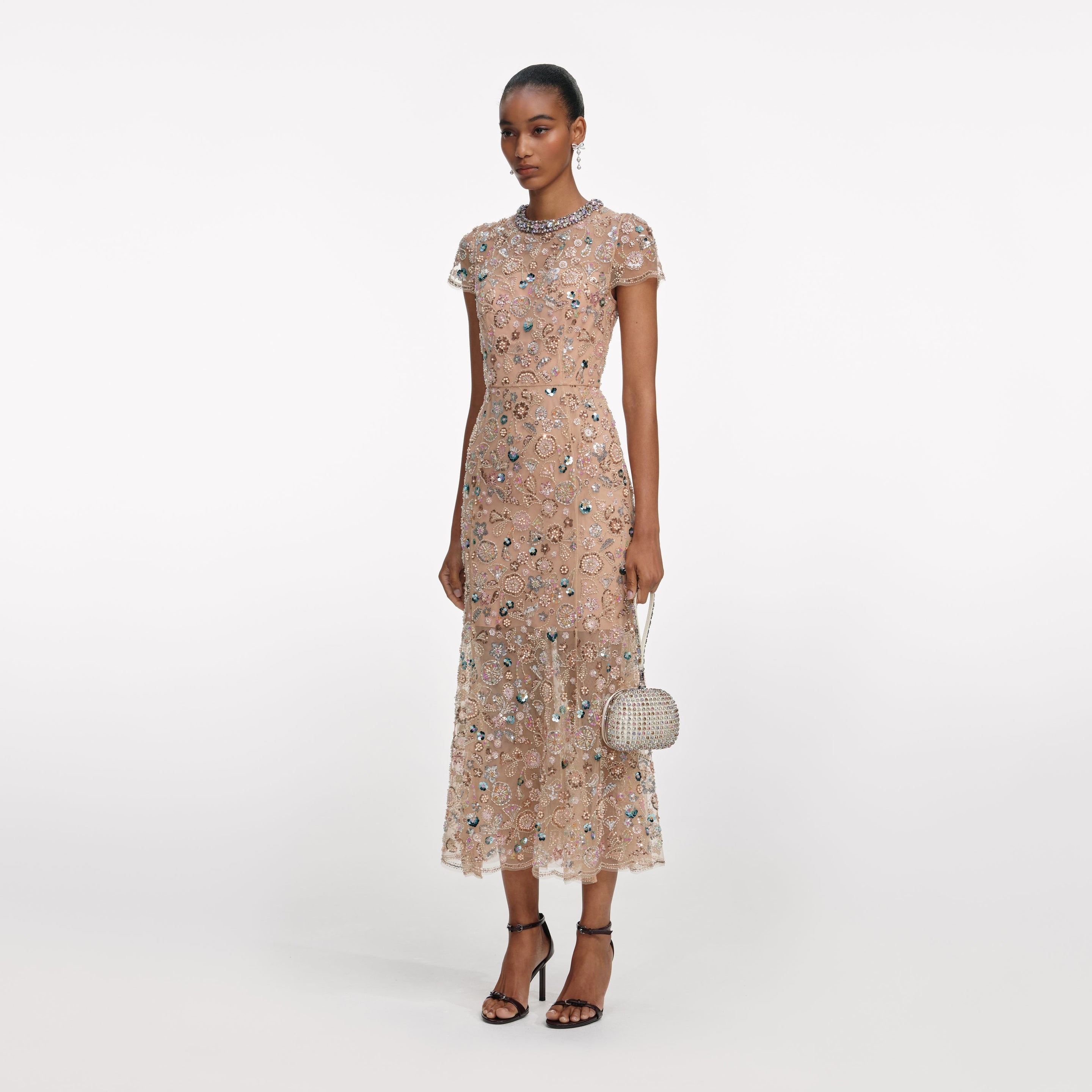 Champagne Sequin Embroidered Midi Dress - 2