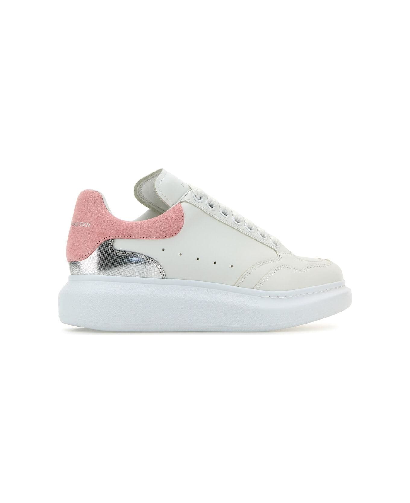 White Leather Sneakers With Pink Suede Heel - 3