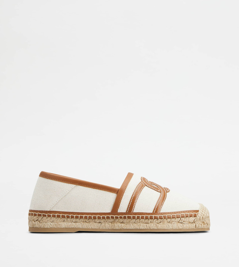 KATE SLIP-ONS IN CANVAS AND LEATHER - OFF WHITE, BROWN 1