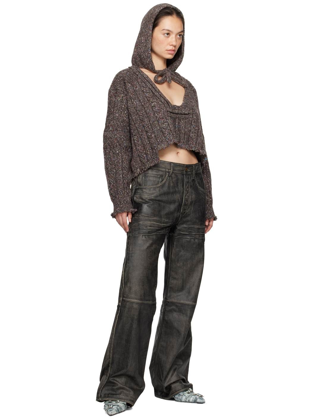 Brown Knit Open Collar Hoodie - 4