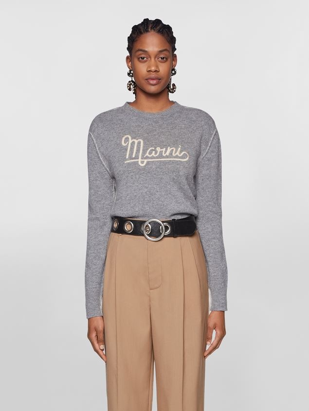 GREY SHETLAND WOOL LONG-SLEEVED SWEATER WITH EMBROIDERED MARNI LOGO - 2