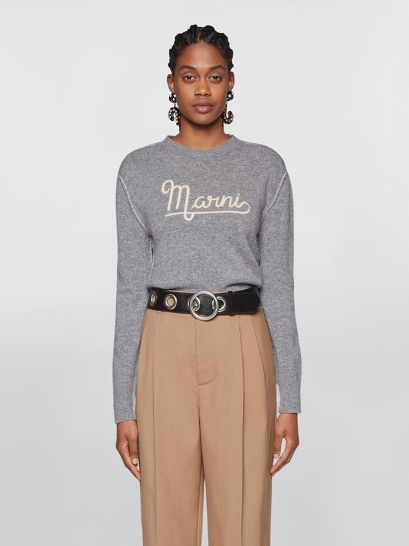 Marni GREY SHETLAND WOOL LONG-SLEEVED SWEATER WITH EMBROIDERED MARNI LOGO outlook