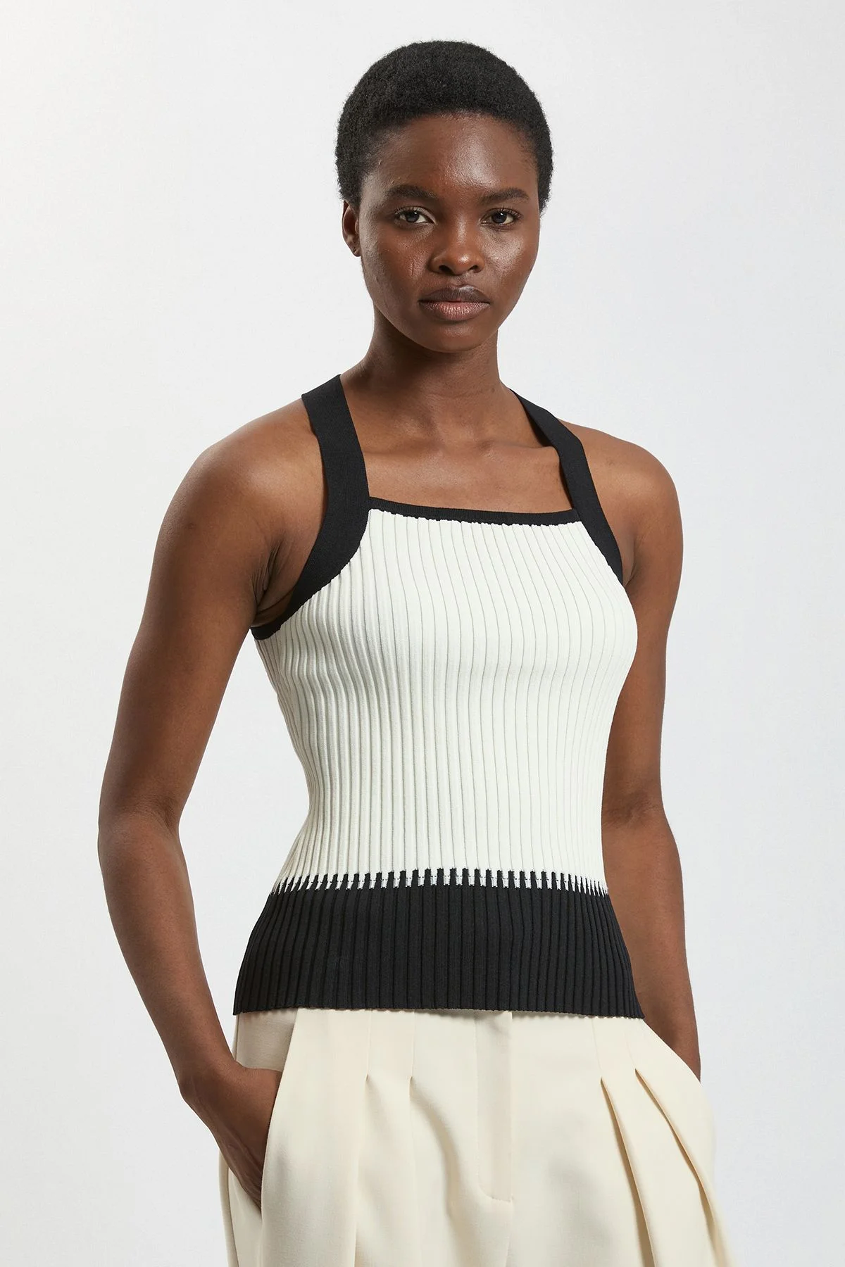 Block Colour Racked Rib Knitted Sleeveless Top - 1