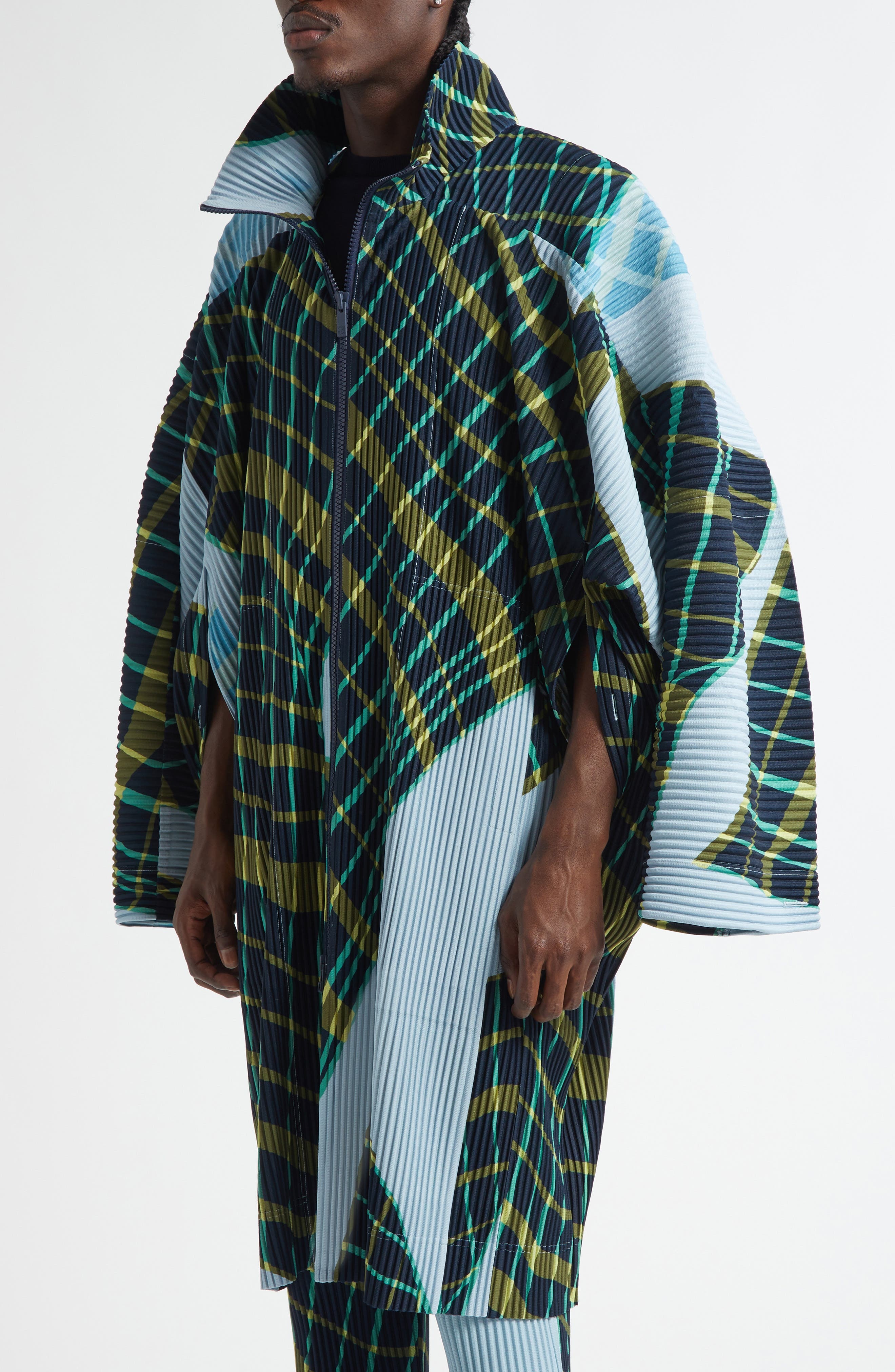 Homme Plissé Issey Miyake Windswept Plaid Pleated Coat in Blue Gray at Nordstrom - 2