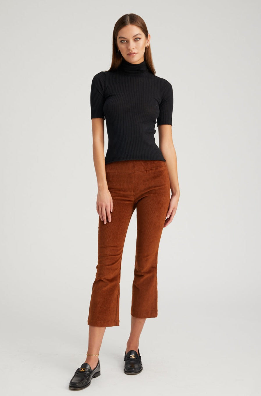 DARK COGNAC CORDUROY CROP FLARE PANTS - 3