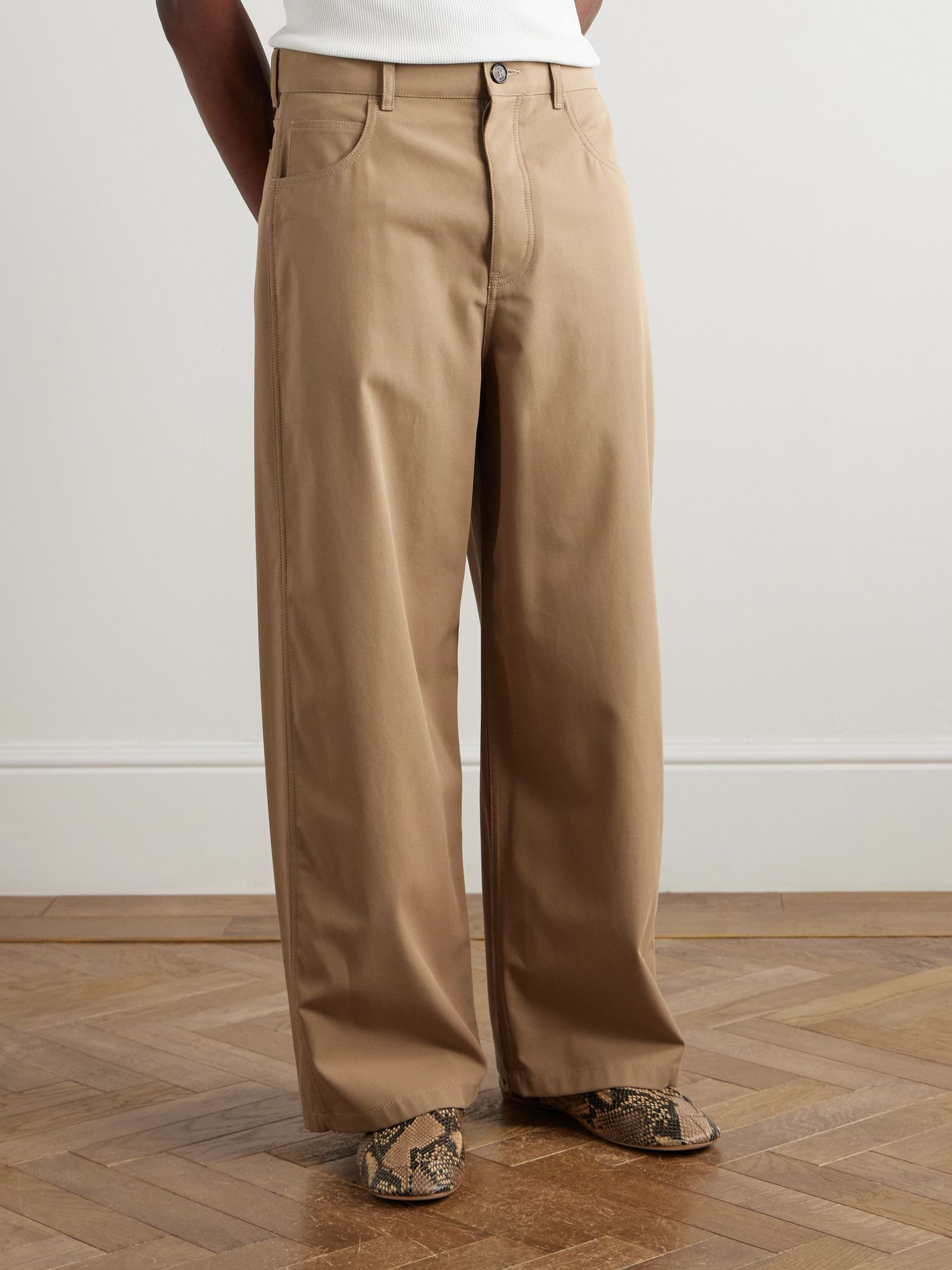 Carpenter Straight-Leg Leather-Trimmed Cotton-Twill Trousers Beige - 3