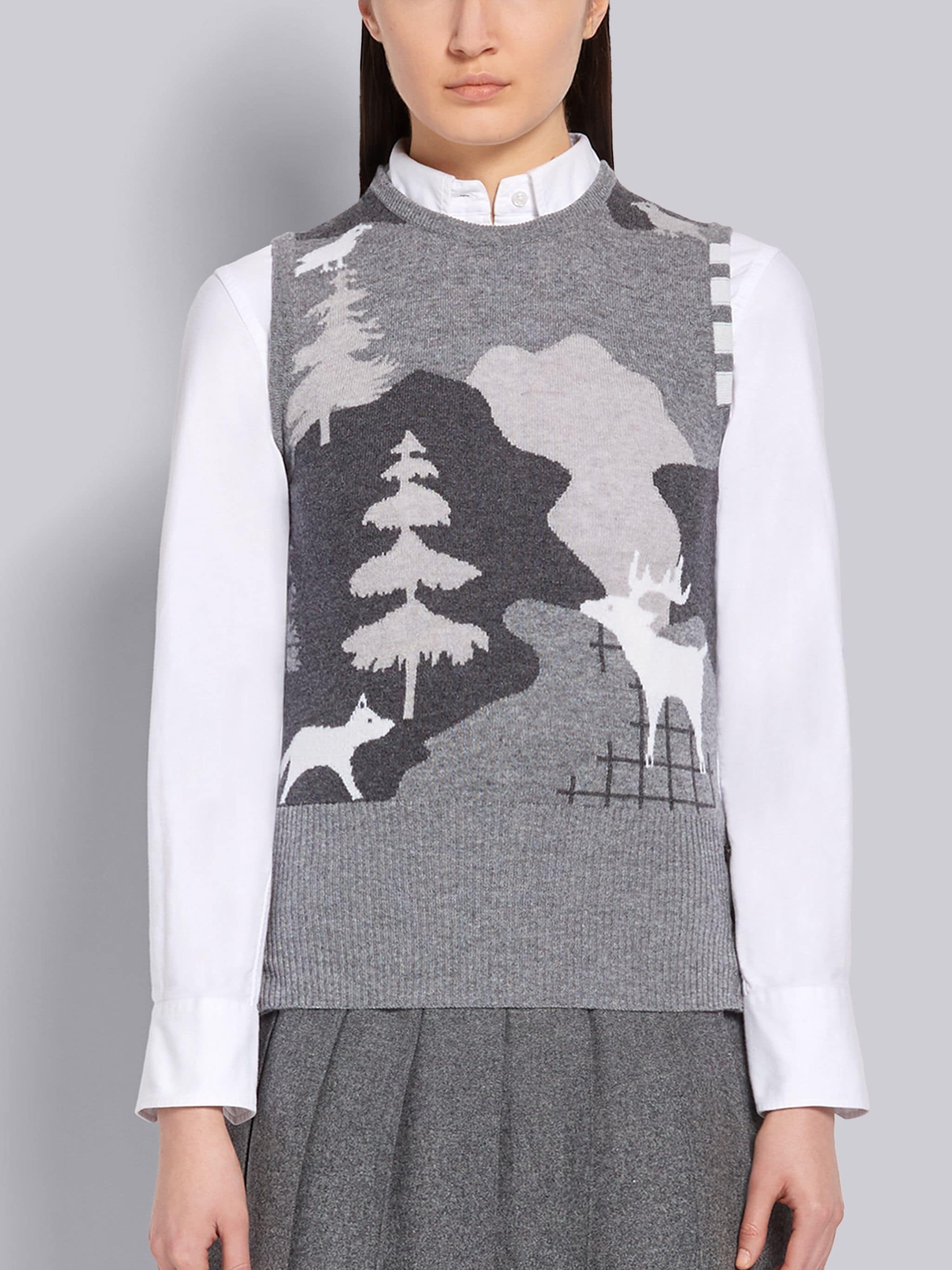 Medium Grey Cashmere Forest Scenery Intarsia 4-Bar Crewneck Shell Top - 1