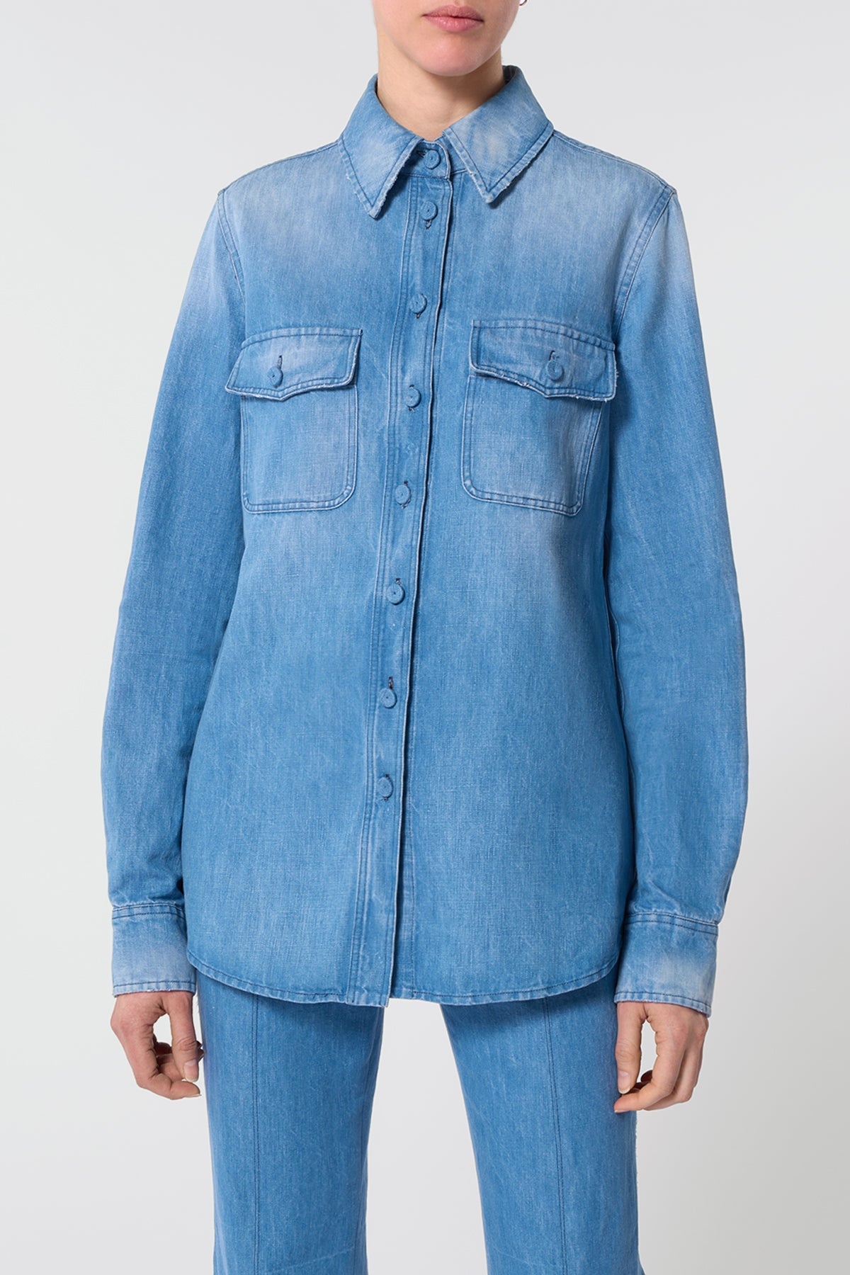 John Austin Shirt in Light Blue Denim Recycled Cotton Linen - 5