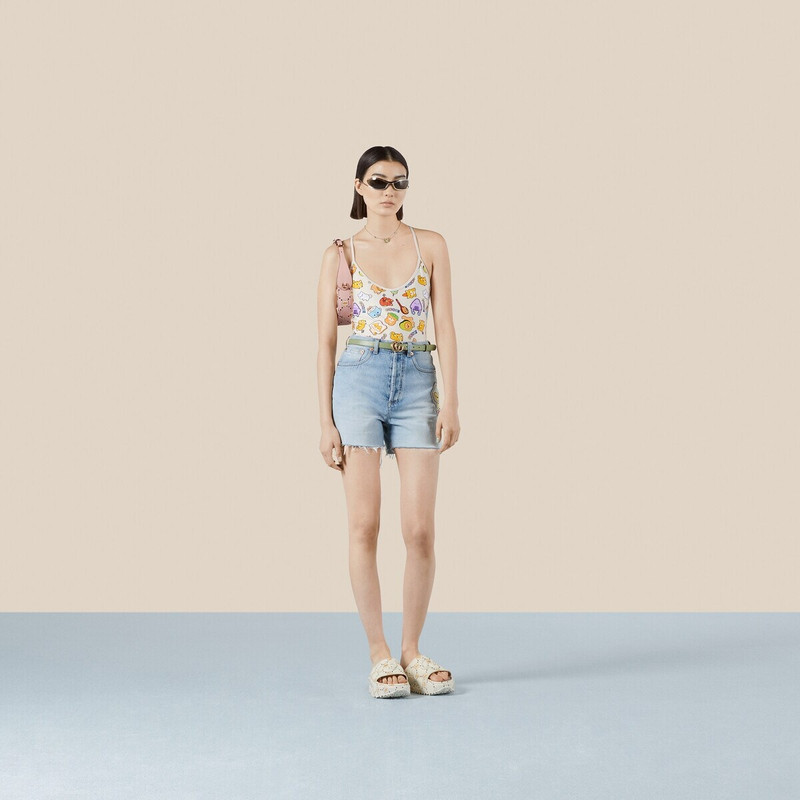 Denim short with animal embroidery 2