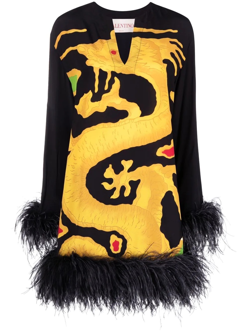dragon-print feather-trim silk dress - 1