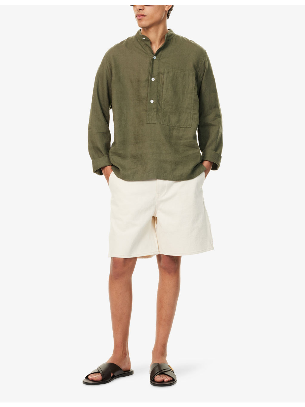Grandad-Collar Long-Sleeve Linen Shirt - 2