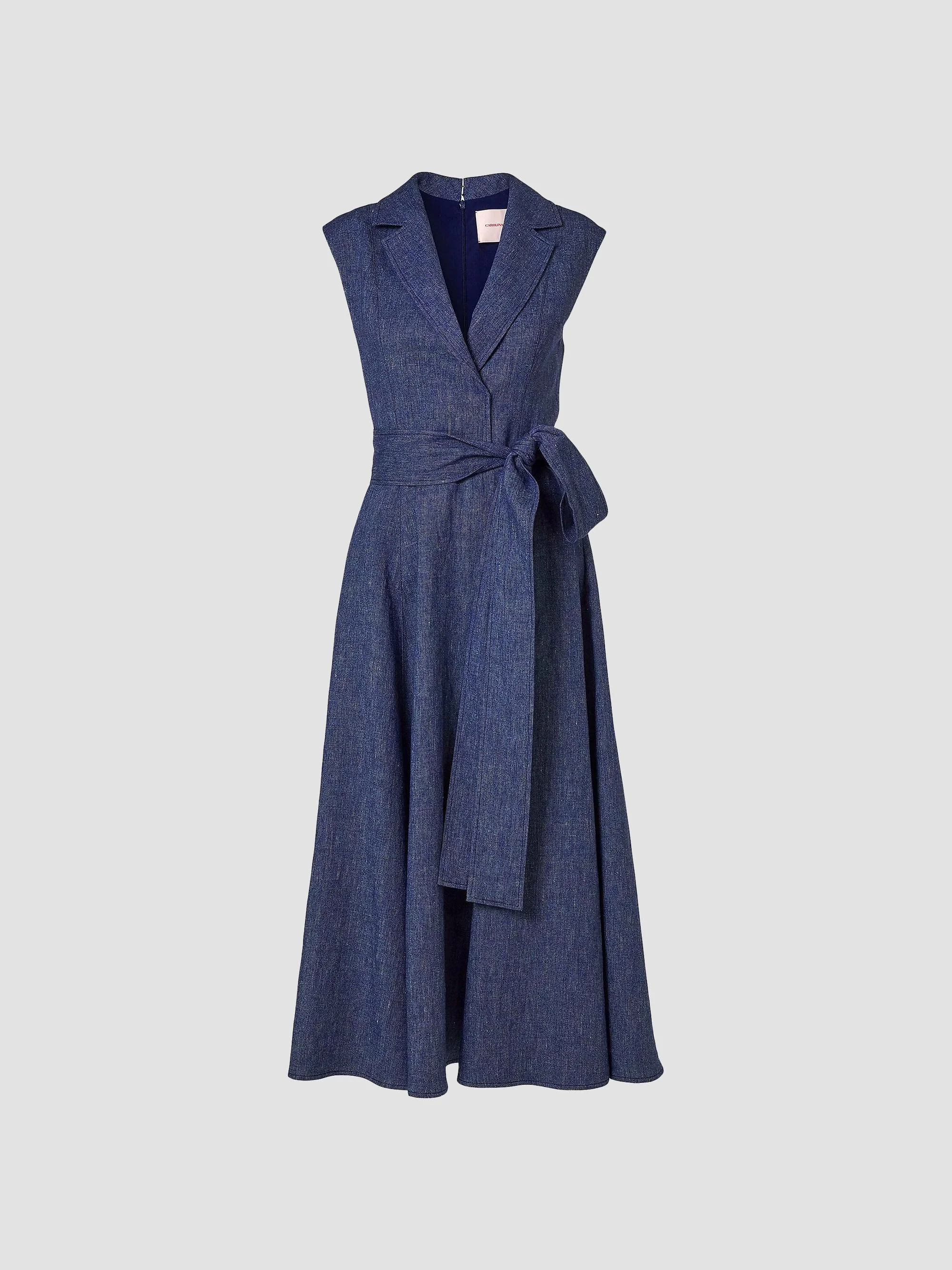 Women's Linen-Blend Sleeveless Trench Midi-Dress - Dark Blue - 1