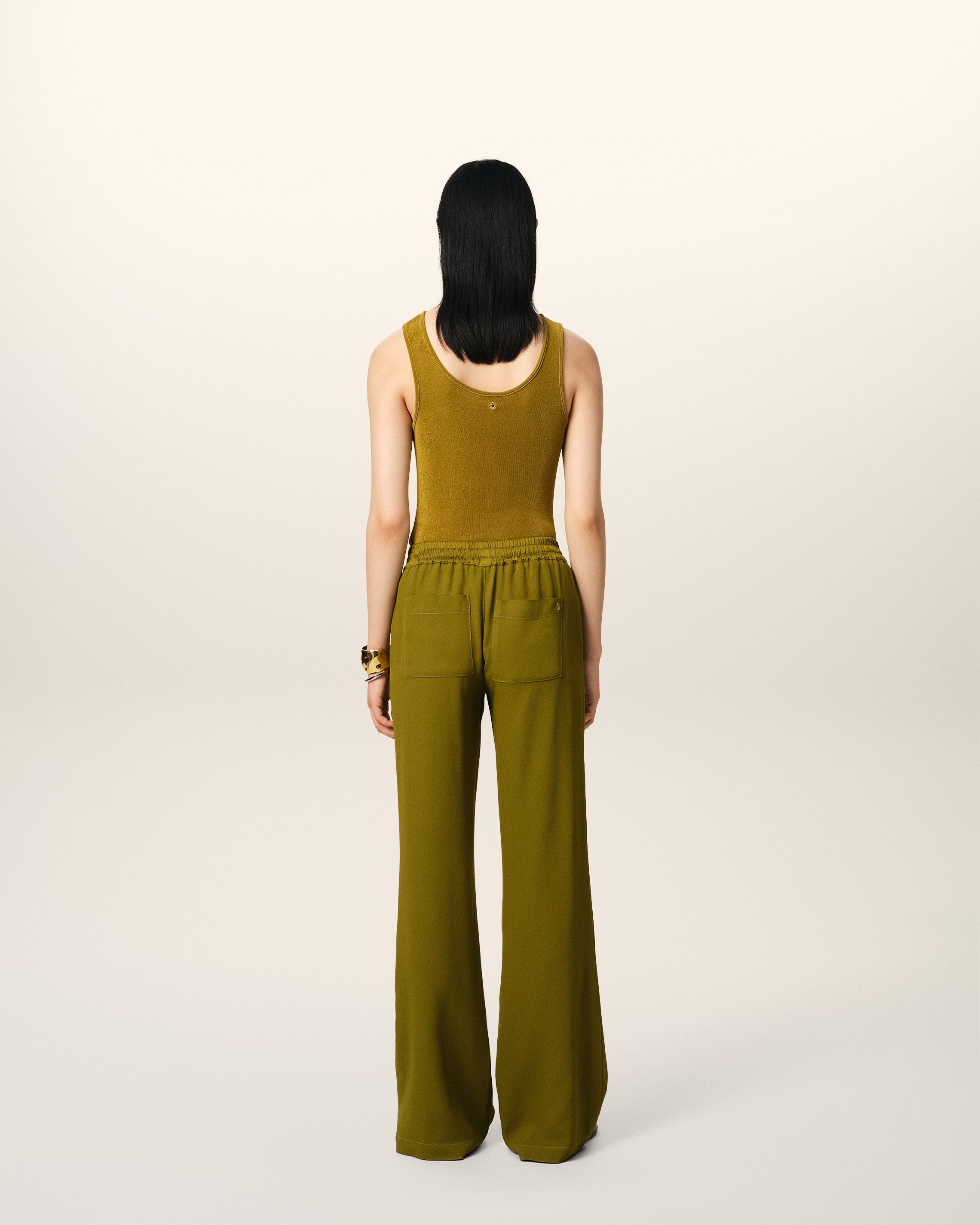 KHAKI FLARE FIT ELASTICATED TROUSERS - 3