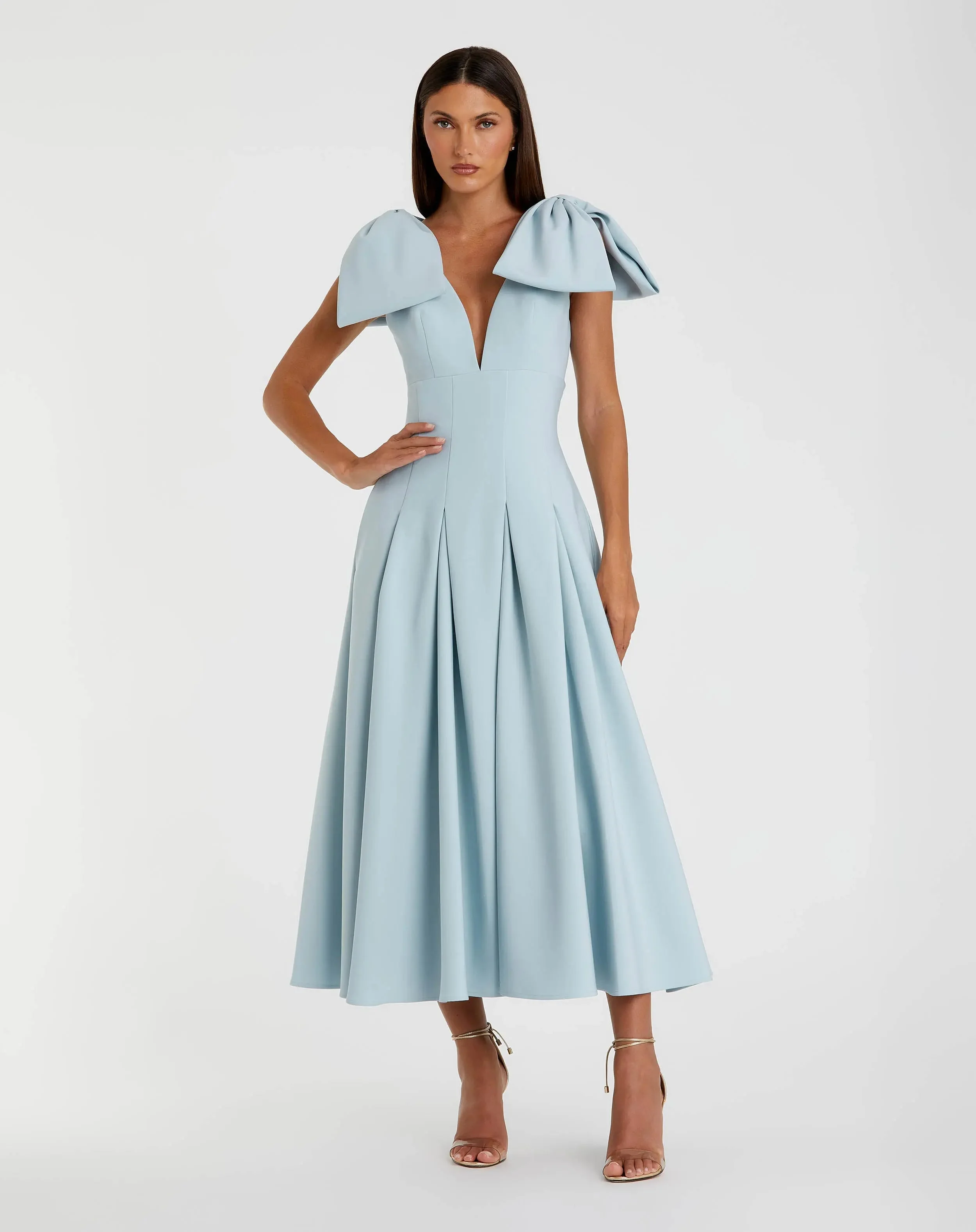 Ice Blue Crepe A Line Midi Dress With Bow Straps - 1