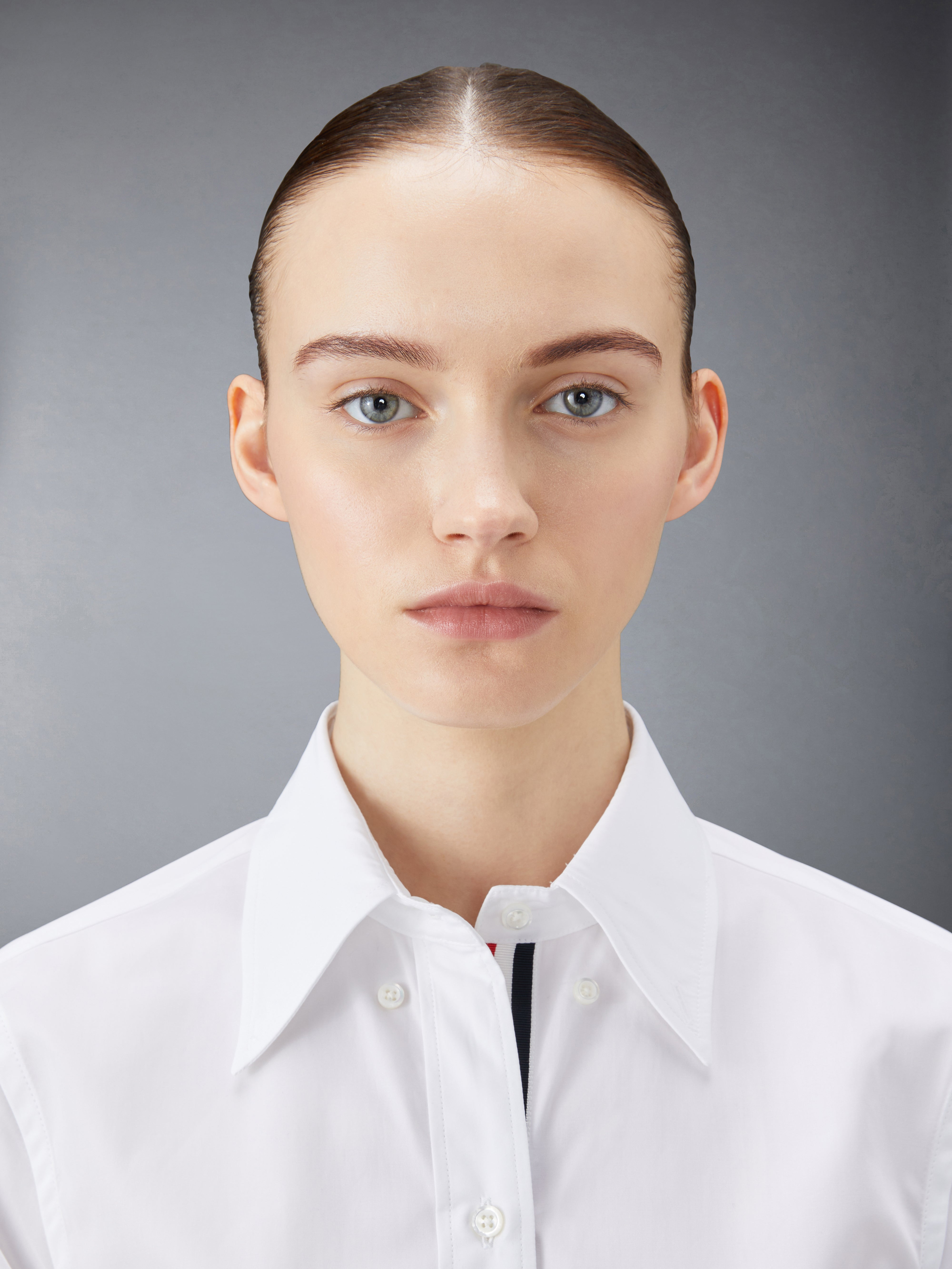 White Solid Poplin Stripe Grosgrain Placket Thigh Length Point Collar Shirtdress - 6