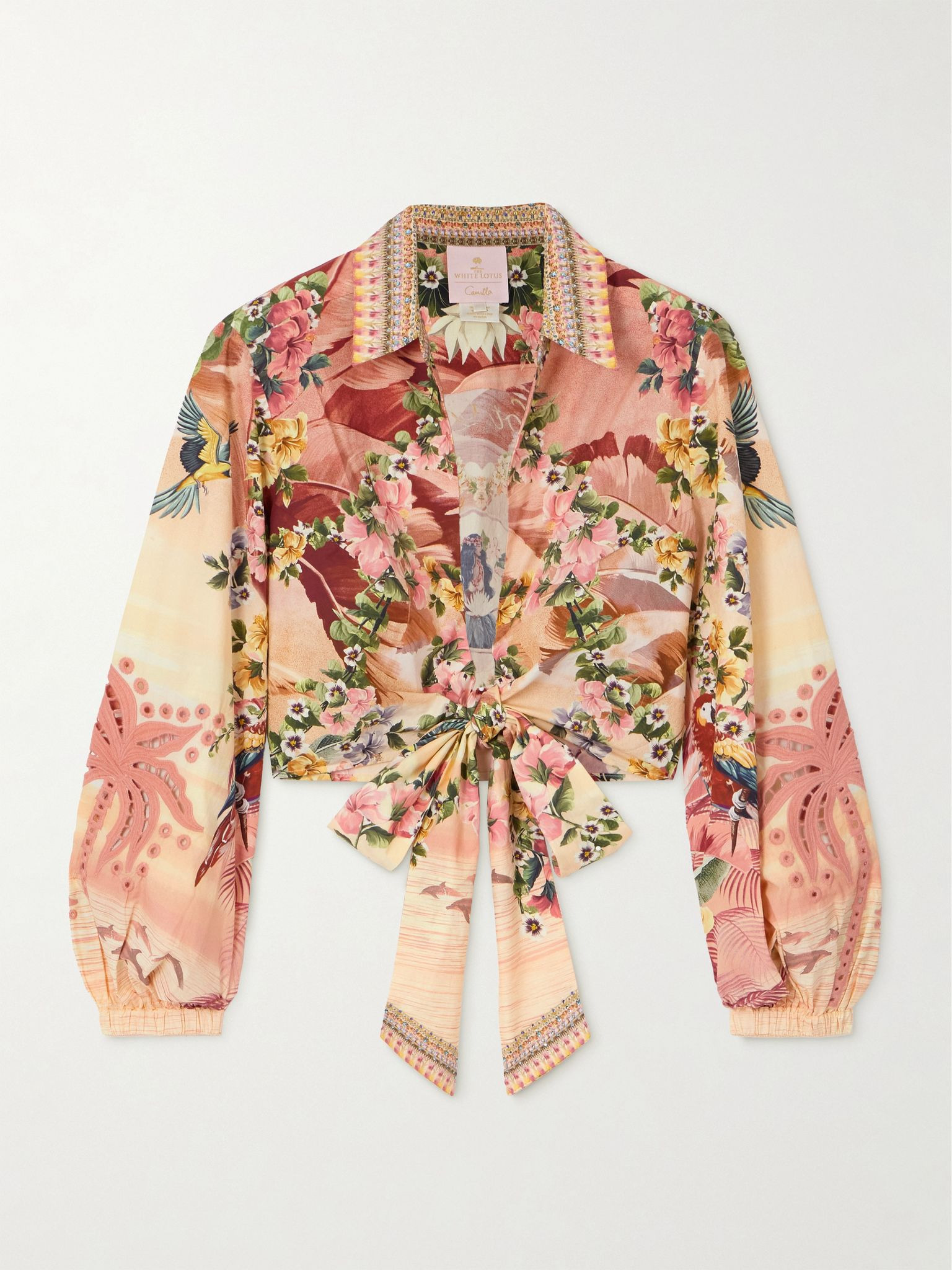 + The White Lotus cropped printed crystal-embellished organic cotton-poplin wrap shirt Pink - 1