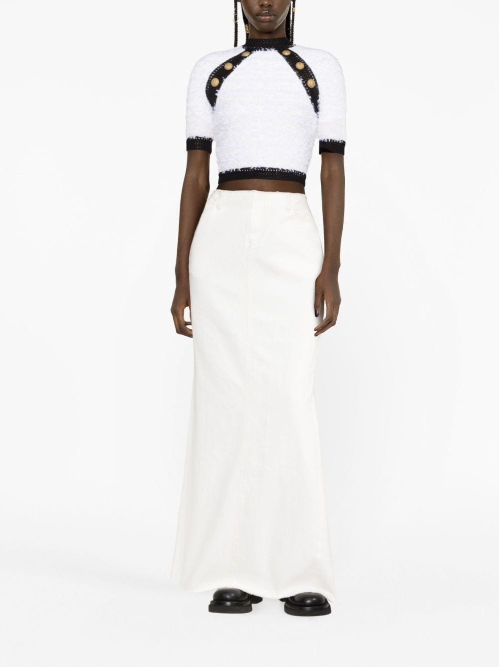 button-embellished tweed crop top - 2