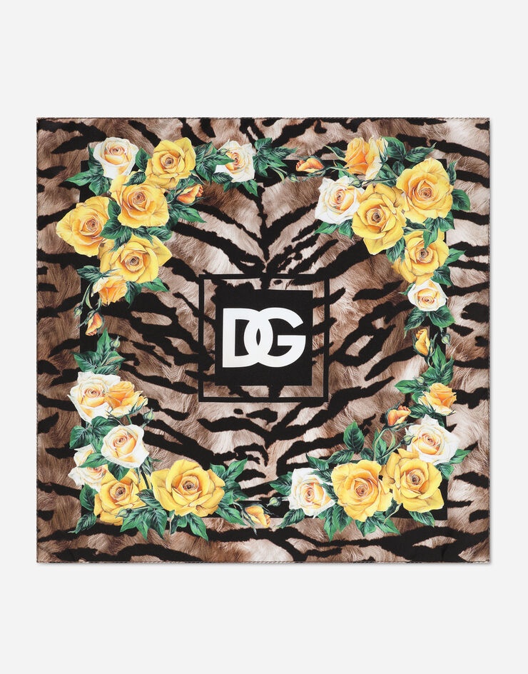 Silk bandanna with rose and tiger print - 1