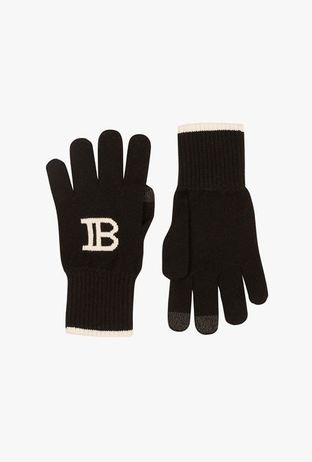 Black wool and cashmere touchscreen gloves with white Balmain logo - 1