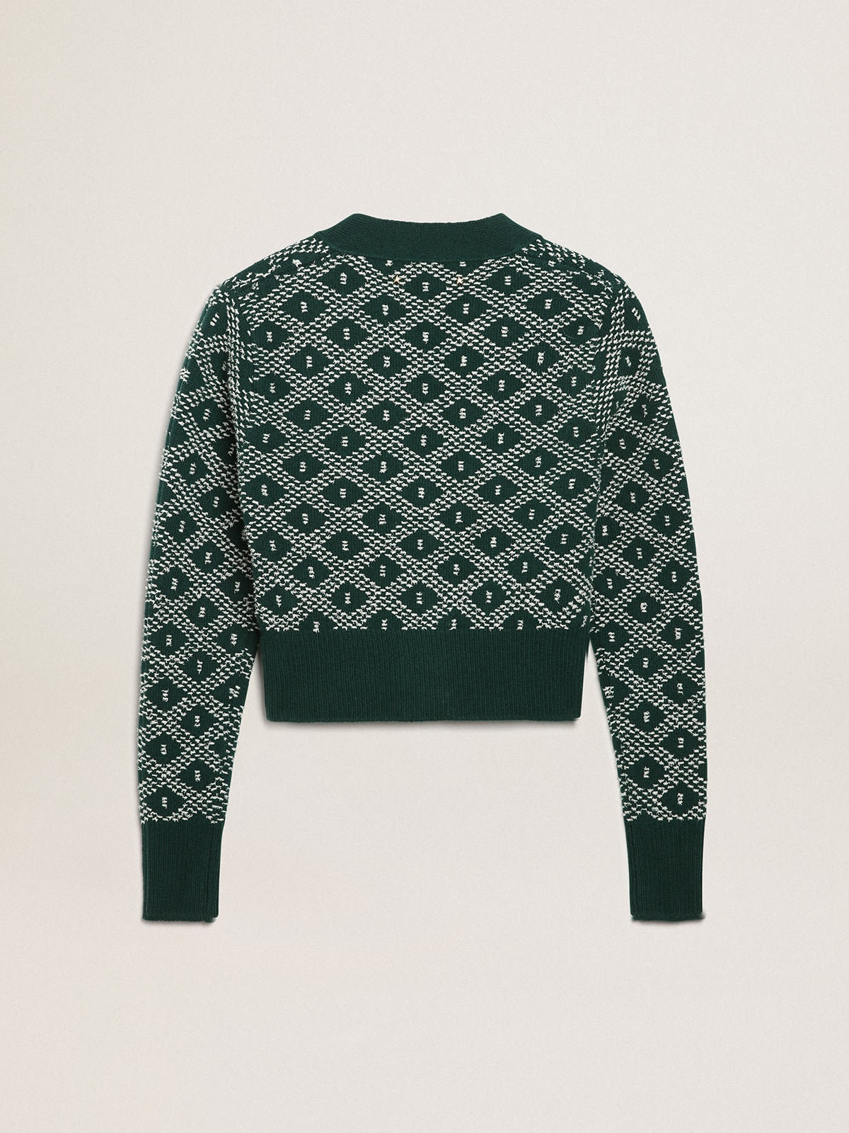 Women's cropped cardigan with green and white jacquard diamond pattern - 6
