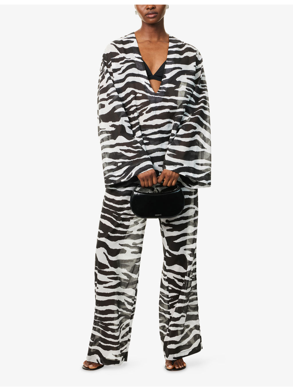 Zebra Plunge-V-Neck Cotton-Poplin Blouse - 2