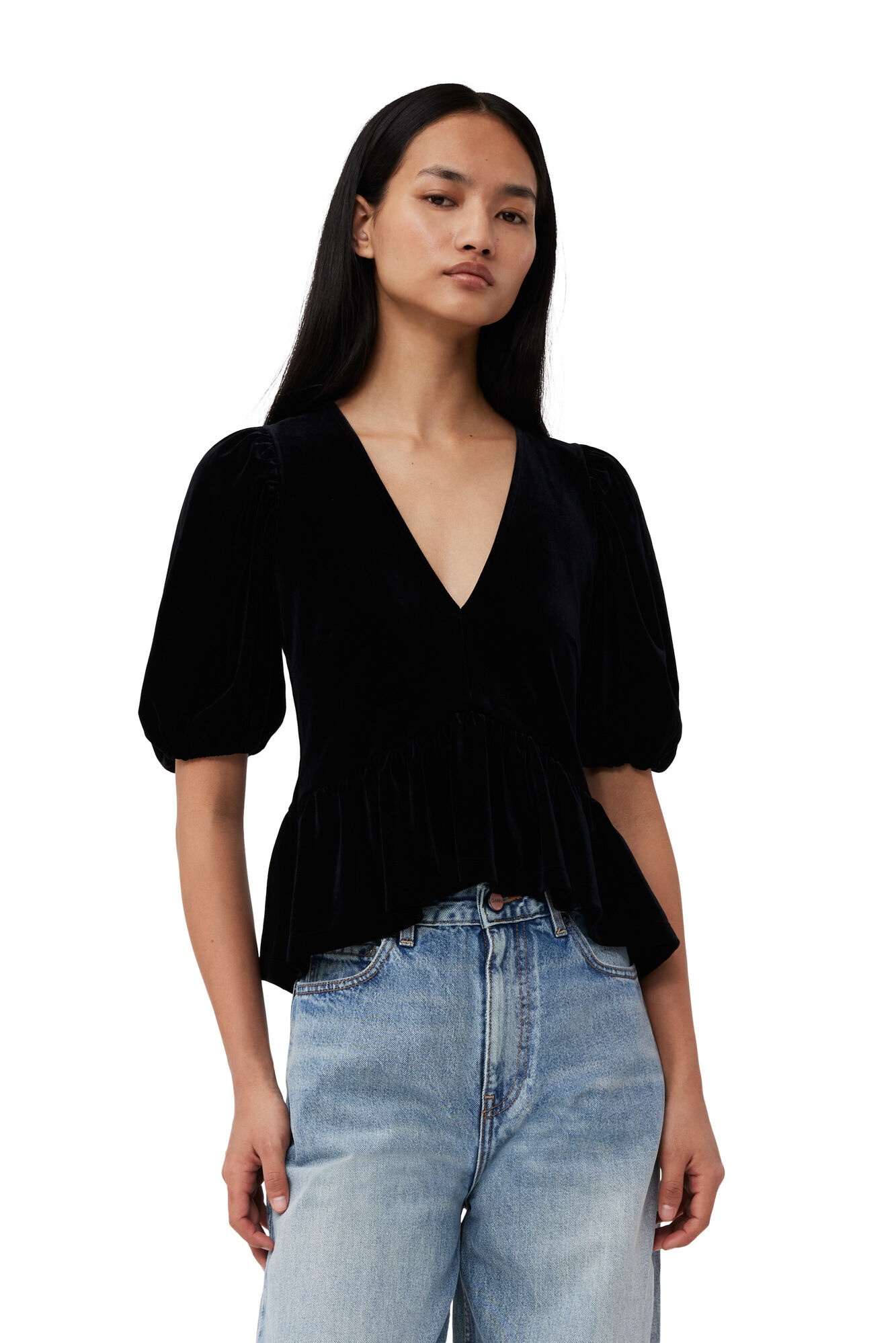 BLACK VELVET JERSEY V-NECK BLOUSE - 2