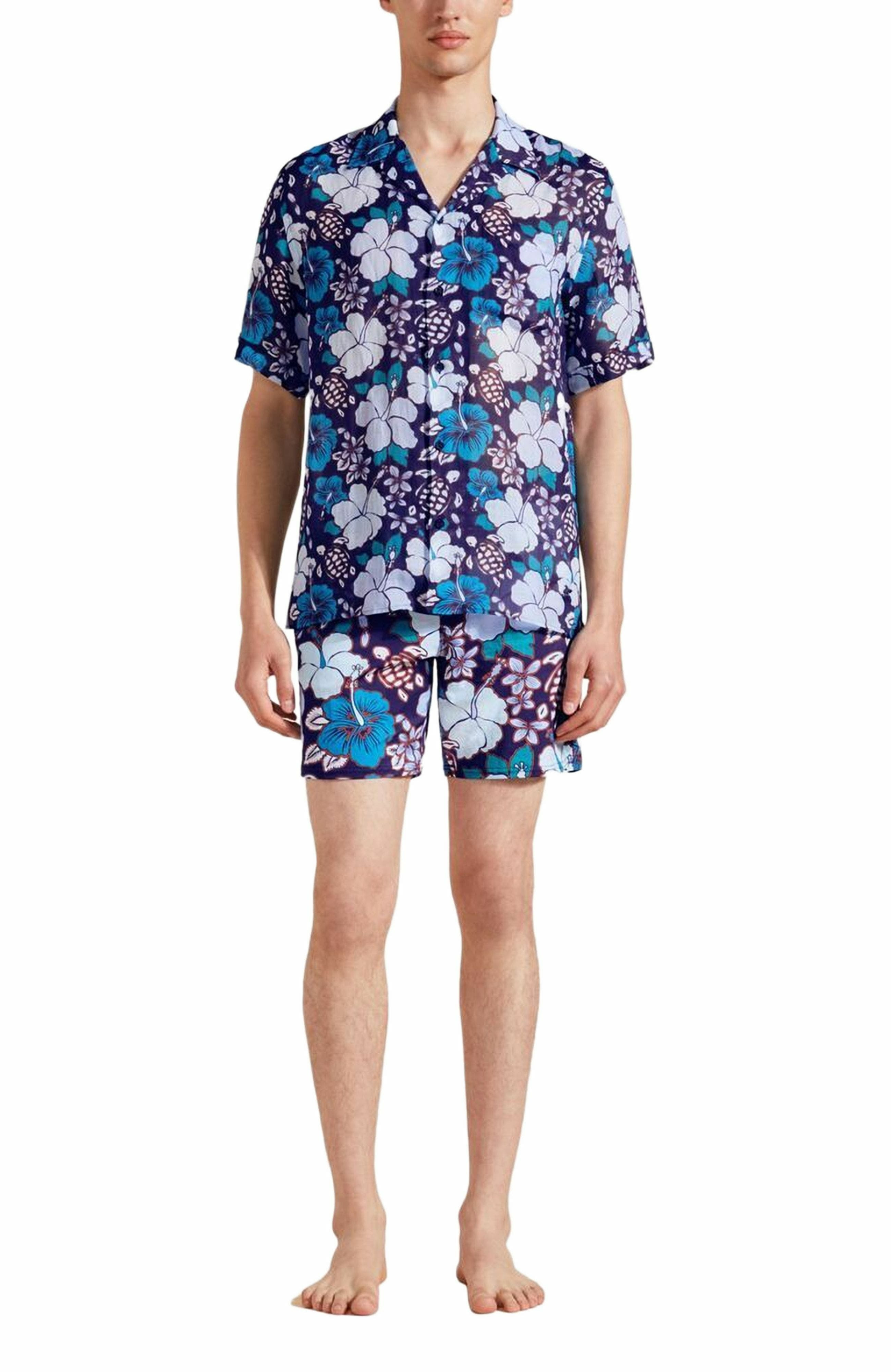 Vilebrequin Men's Bowling Linen Tropical Turtles Shirt in Minuit at Nordstrom - 3