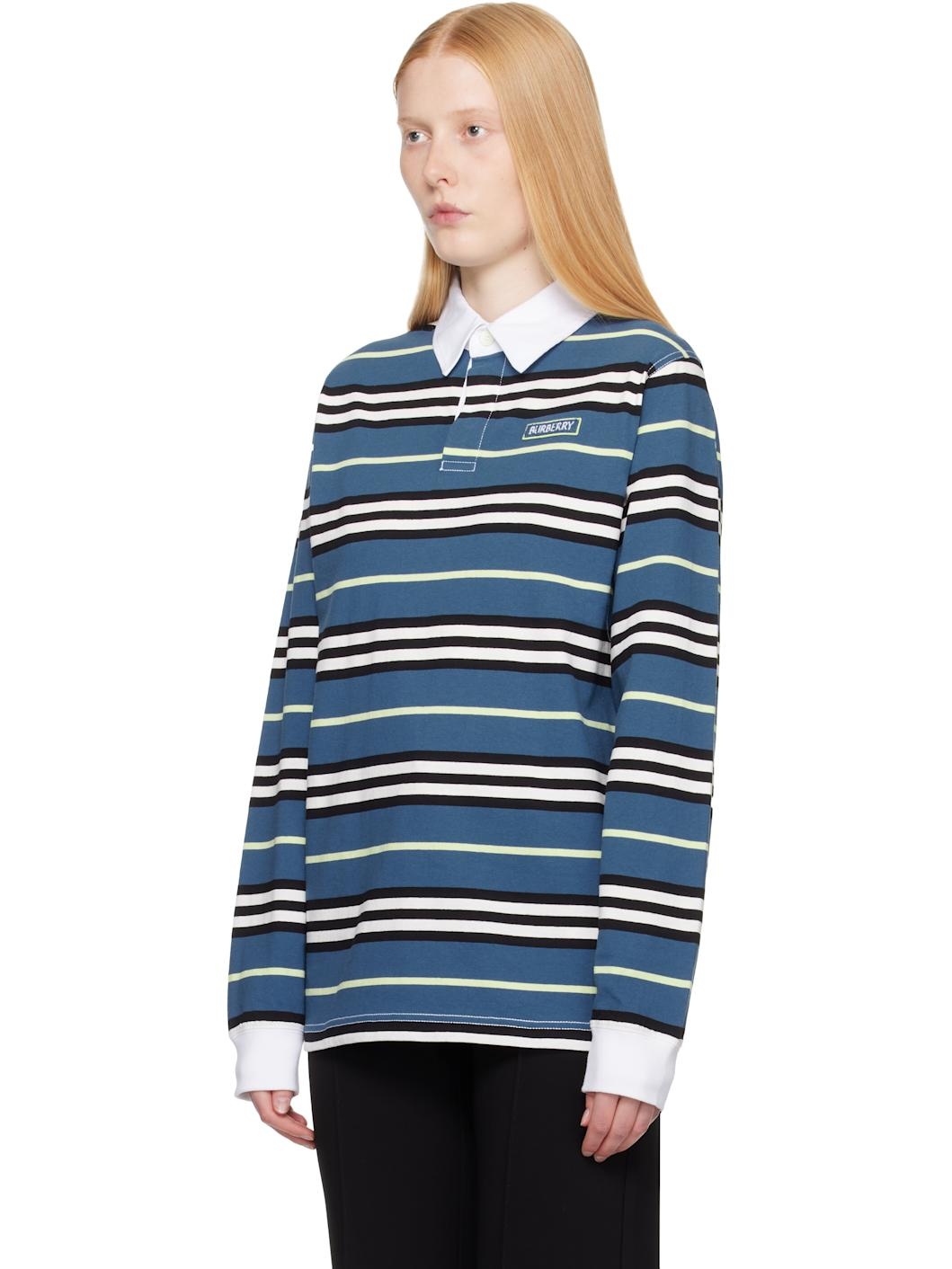Blue Long-Sleeve Striped Cotton Polo - 4