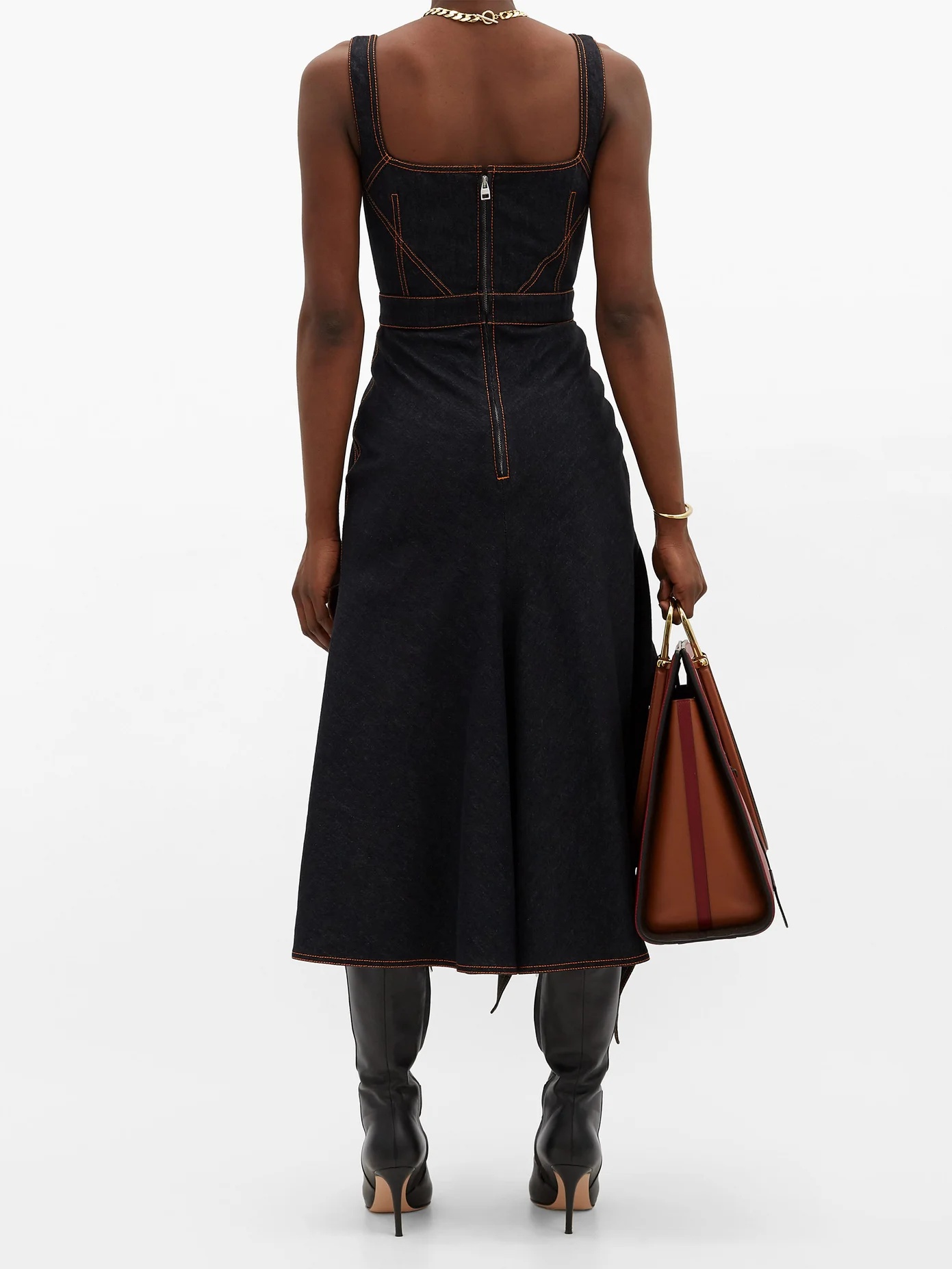 Contrast-stitch asymmetric denim dress - 5